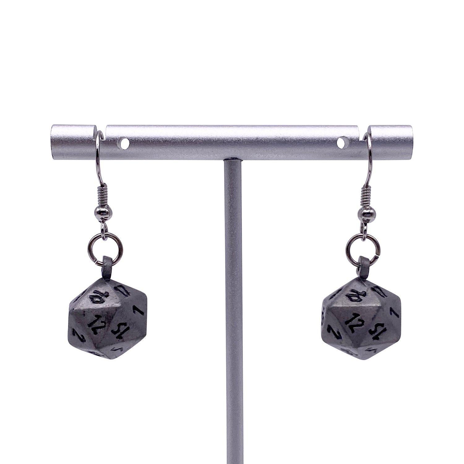 Aged Mithiral - Ioun Stone D20 Dice Earrings by Norse Foundry-Earrings-Norse Foundry-dungeons and dragons-dnd-dungeons & dragons-earrings-d&d accessories-dice earrings- d20 earrings