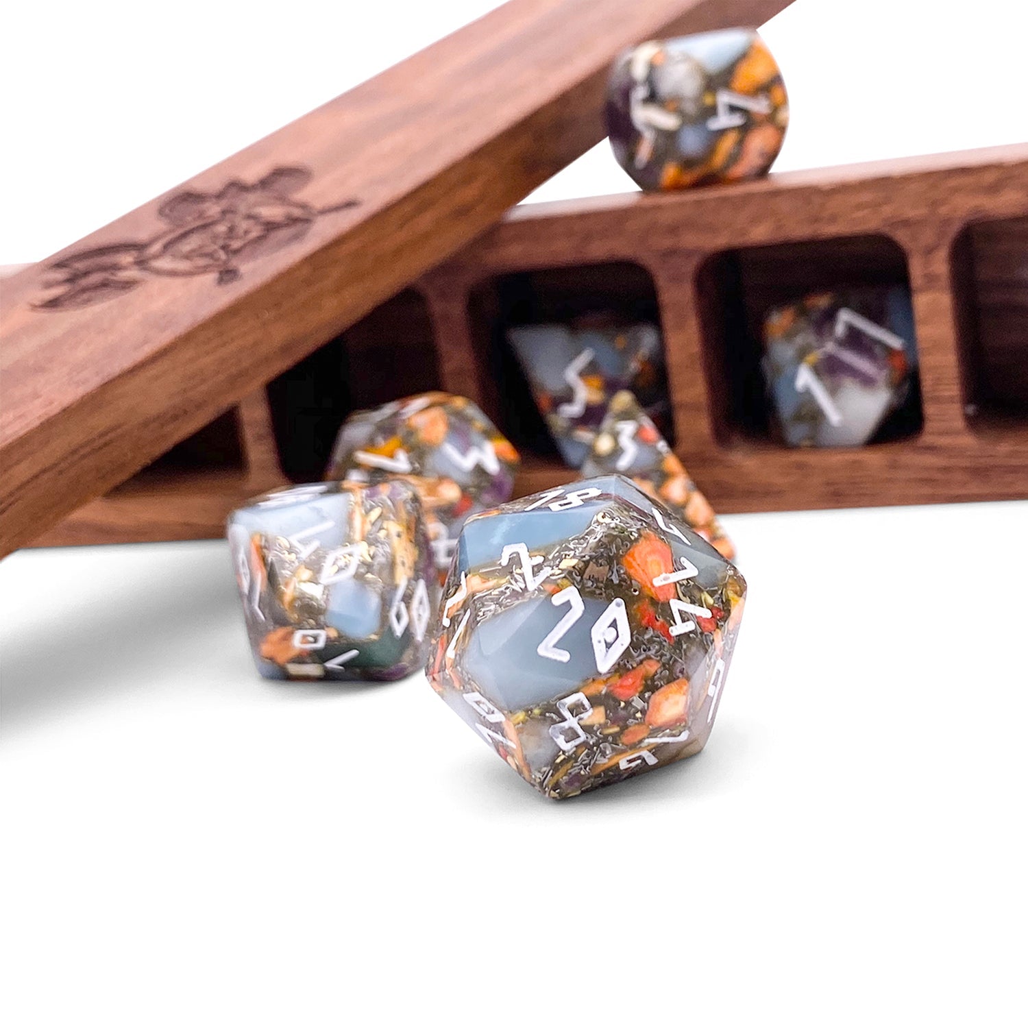 Amazonite Orange Imperial Jasper with Copper- 7 Piece RPG Set TruStone Dice-TruStone Dice-Norse Foundry-Gemstone Dice-Dungeons and Dragons Dice-Gem Dice-DND Dice-Gaming Dice-Perfect for Tabletop RPGs