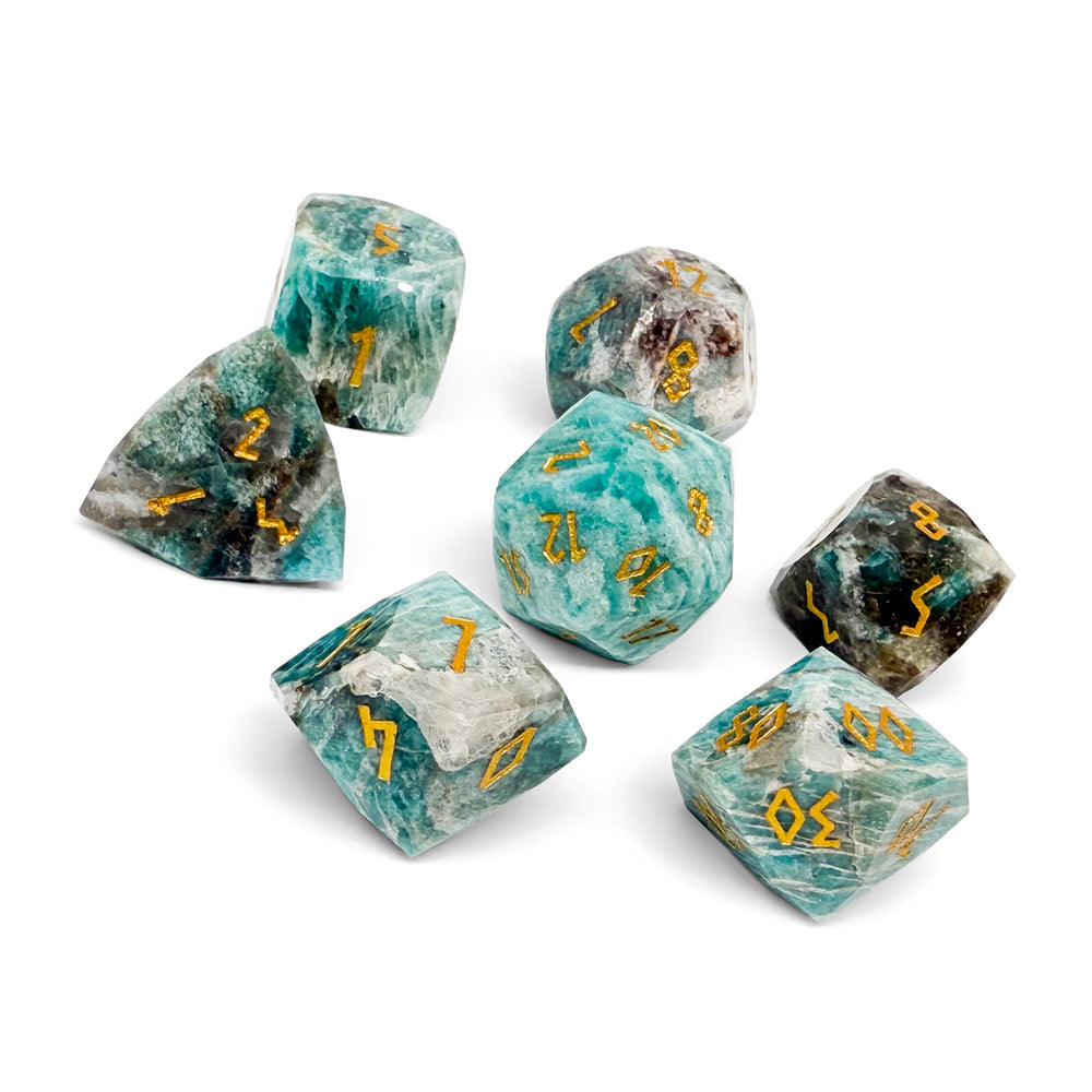 Amazonite w/ Gold Font - 7 Piece RPG Set Gemstone Wondrous Cut Dice