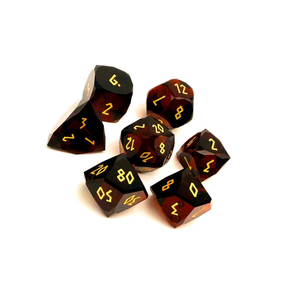 Amber Zircon w/ Gold Font  - 7 Piece RPG Set Glass Wondrous Cut Dice