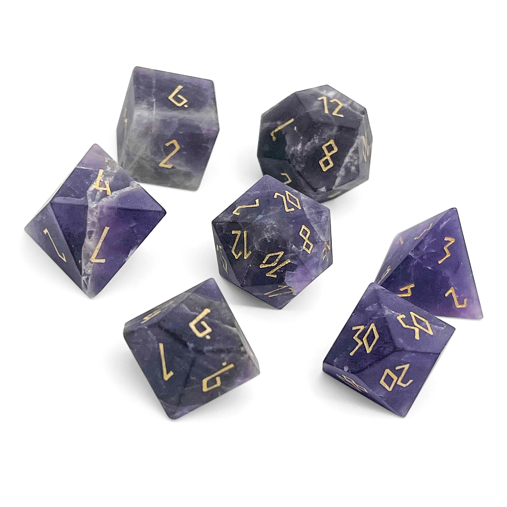 Amethyst - Frosted Gold Font 7 Piece RPG Set Gemstone Dice-Gemstone Dice-Norse Foundry-Gemstone Dice-Dungeons and Dragons Dice-Gem Dice-DND Dice-Gaming Dice-Perfect for Tabletop RPGs-Dice Set