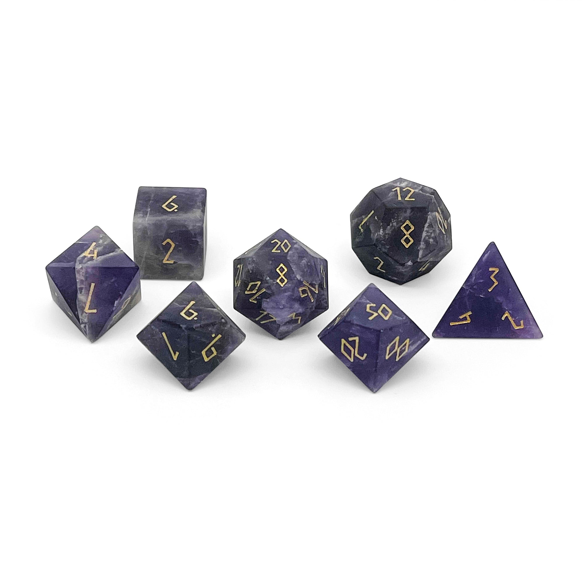 Amethyst - Frosted Gold Font 7 Piece RPG Set Gemstone Dice-Gemstone Dice-Norse Foundry-Gemstone Dice-Dungeons & Dragons Dice-Gem Dice-DnD Dice-Gaming Dice-Perfect for Tabletop RPGs-Dice Set