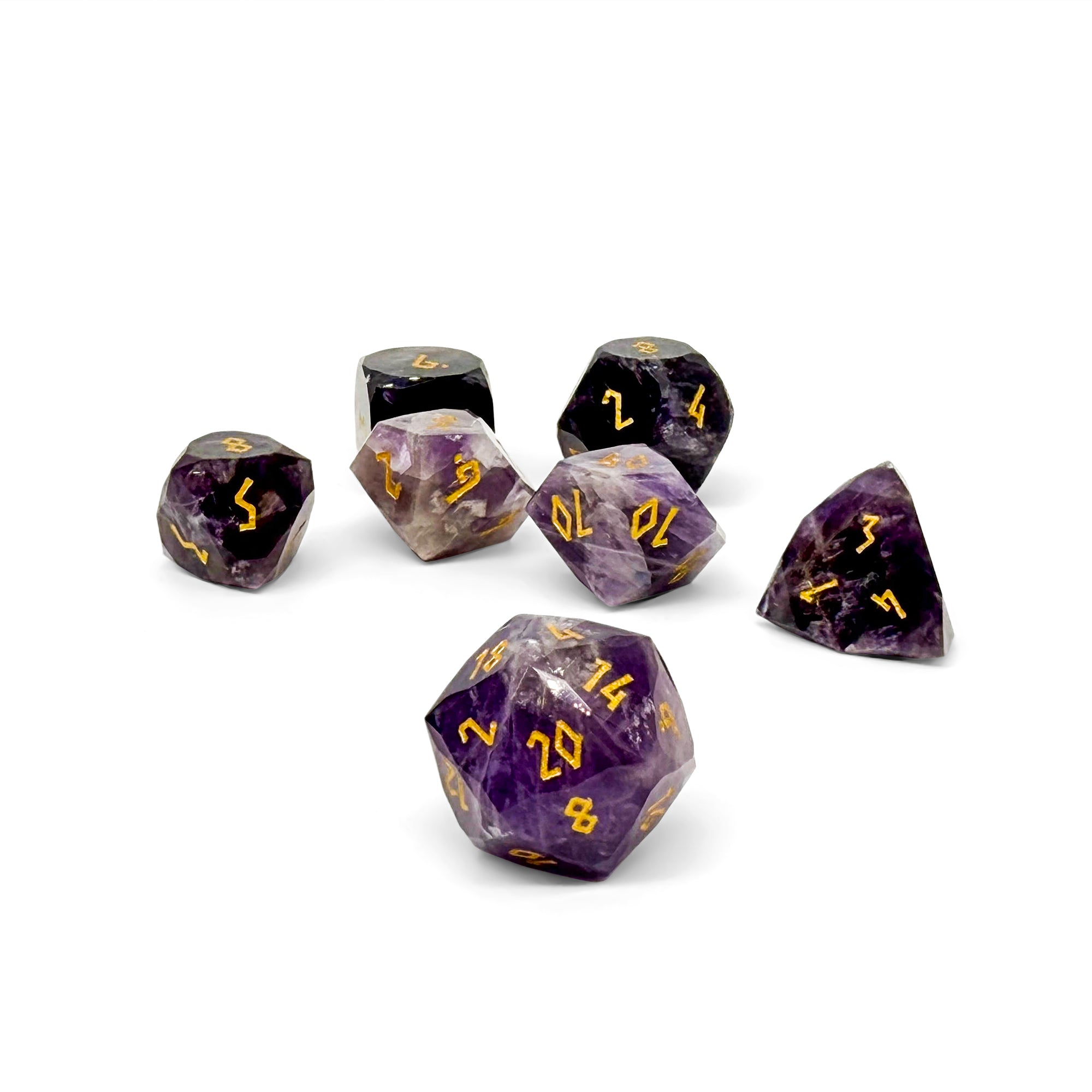 Amethyst w/ Gold Font - 7 Piece RPG Set Gemstone Wondrous Cut Dice-Gemstone Dice-Norse Foundry-Gemstone Dice-Dungeons & Dragons Dice-Gem Dice-DnD Dice-Gaming Dice-Perfect for Tabletop RPGs-Dice Set