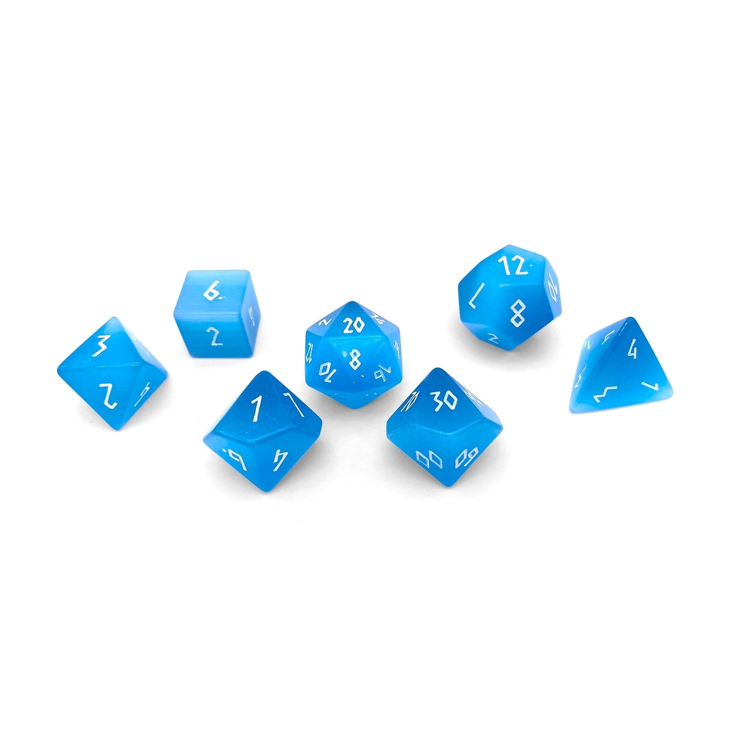 Aquamarine Cats Eye - 7 Piece RPG Set Glass Dice-Glass Dice-Norse Foundry-Norse Foundry-cat's eye glass dice-dungeons & dragons-d&d dice set-rpg dice set-glass dice set-d&d-perfect for tabletop rpgs