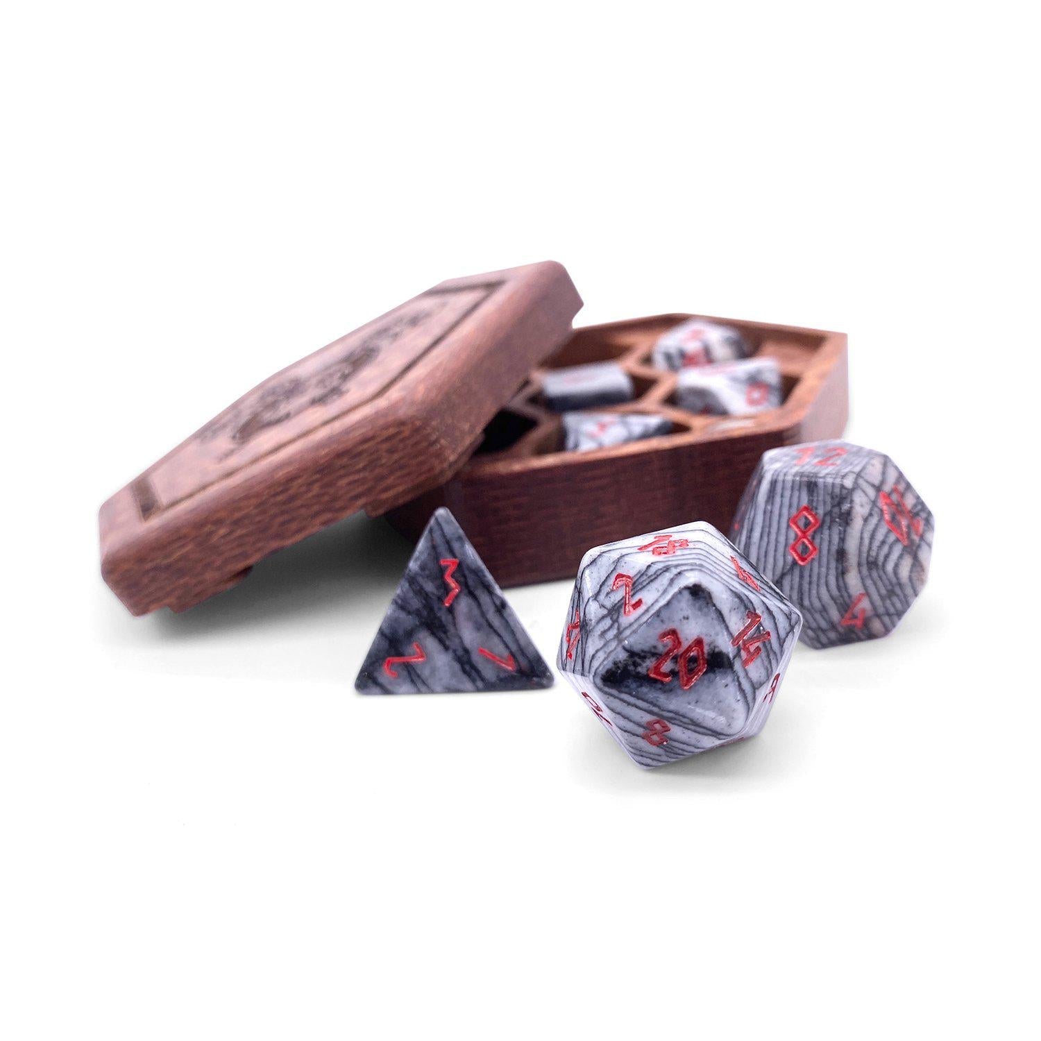 Black Network Agate - 7 Piece RPG Set Gemstone Dice-Gemstone Dice-Norse Foundry-Gemstone Dice-Dungeons and Dragons Dice-Gem Dice-DND Dice-Gaming Dice-Perfect for Tabletop RPGs-Dice Set