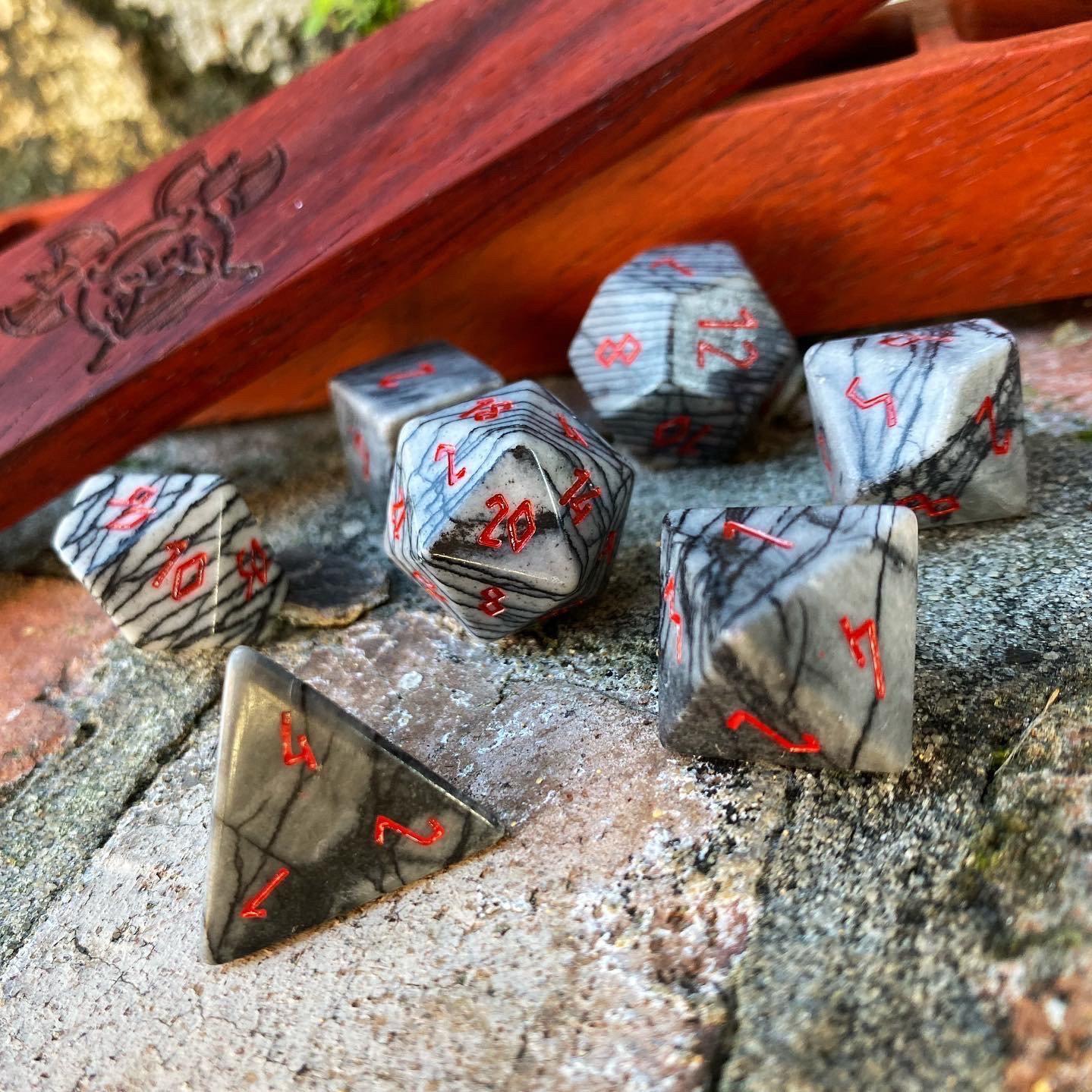 Black Network Agate - 7 Piece RPG Set Gemstone Dice-Gemstone Dice-Norse Foundry-Gemstone Dice-Dungeons and Dragons Dice-Gem Dice-DND Dice-Gaming Dice-Perfect for Tabletop RPGs-Dice Set