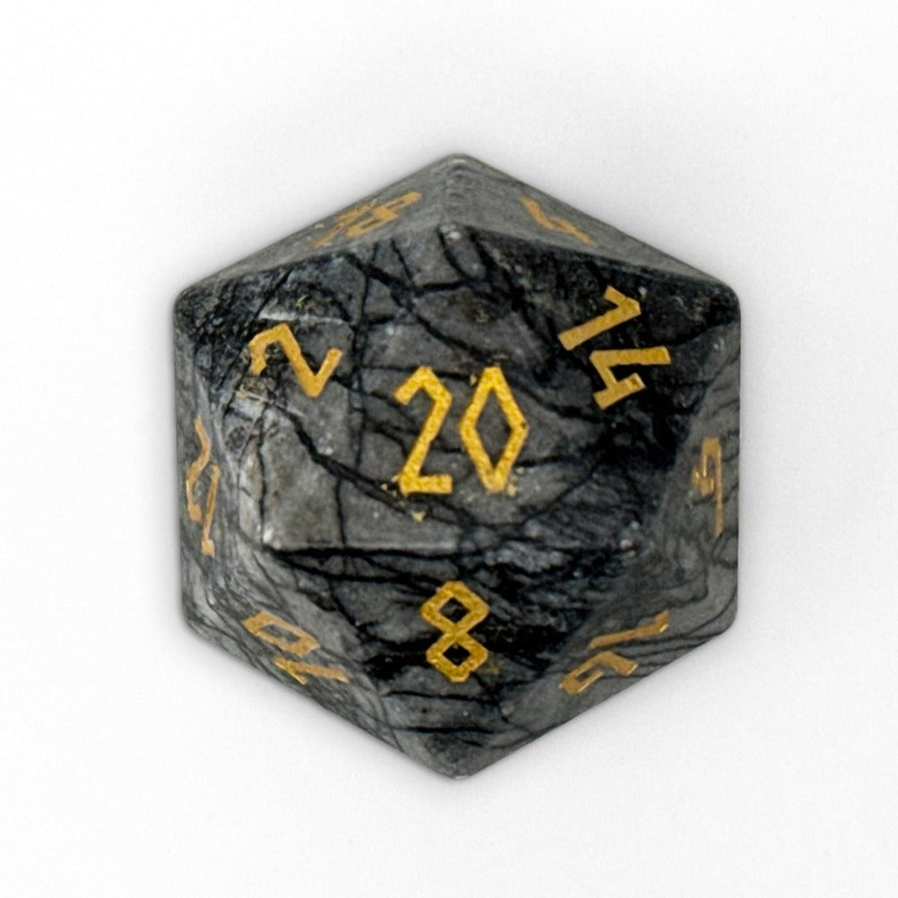Black Network Agate - Boulder® 30mm Gemstone Dice-Boulder-Norse Foundry-Dungeons & Dragons Dice-d&d-Gem Dice-D20-Gemstone D20-Collectible D20 Dice-Giant D20 for D&D
