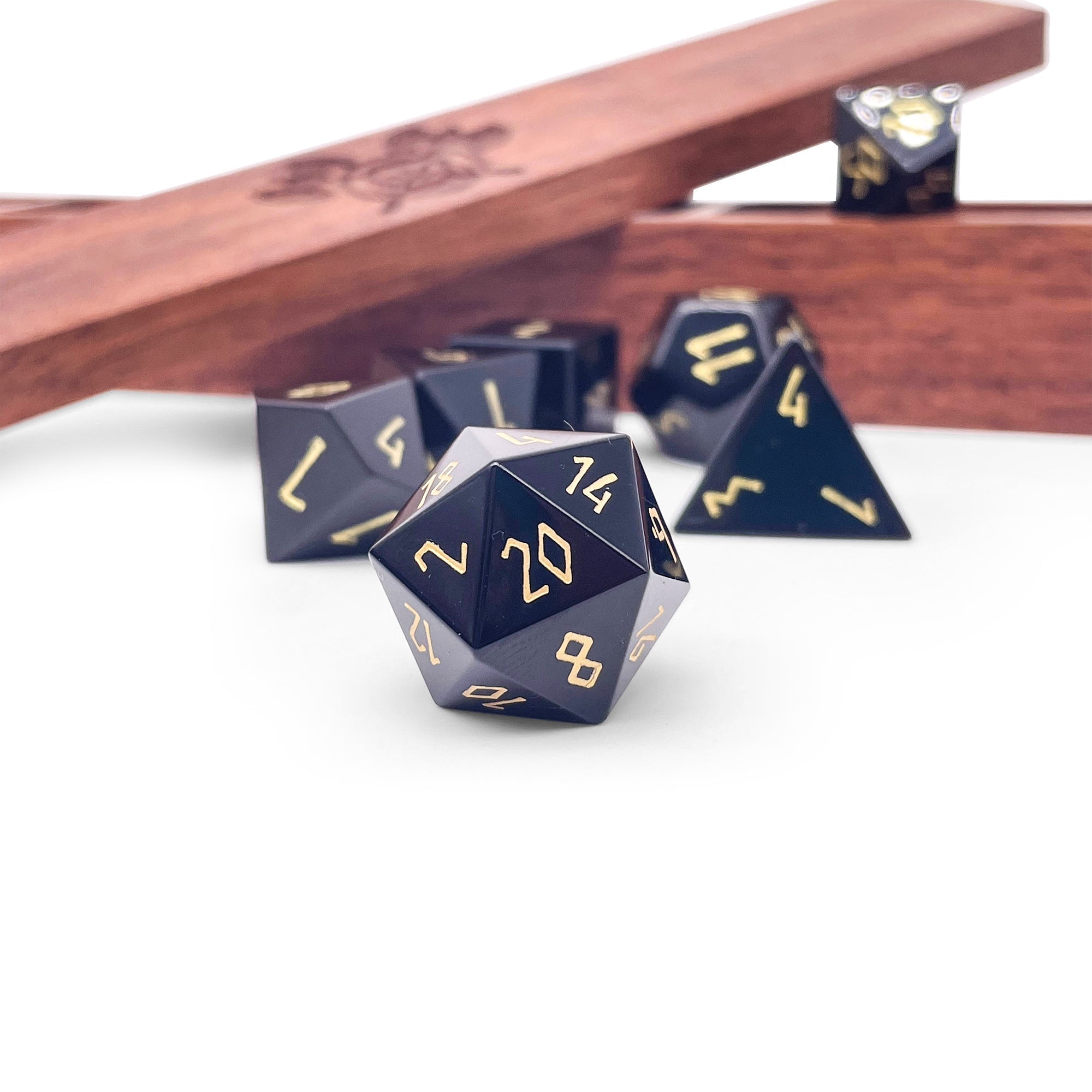 Black Obsidian - Gold Font - 7 Piece RPG Set Gemstone Dice-Gemstone Dice-Norse Foundry-Gemstone Dice-Dungeons & Dragons Dice-Gem Dice-DnD Dice-Gaming Dice-Perfect for Tabletop RPGs-Dice Set