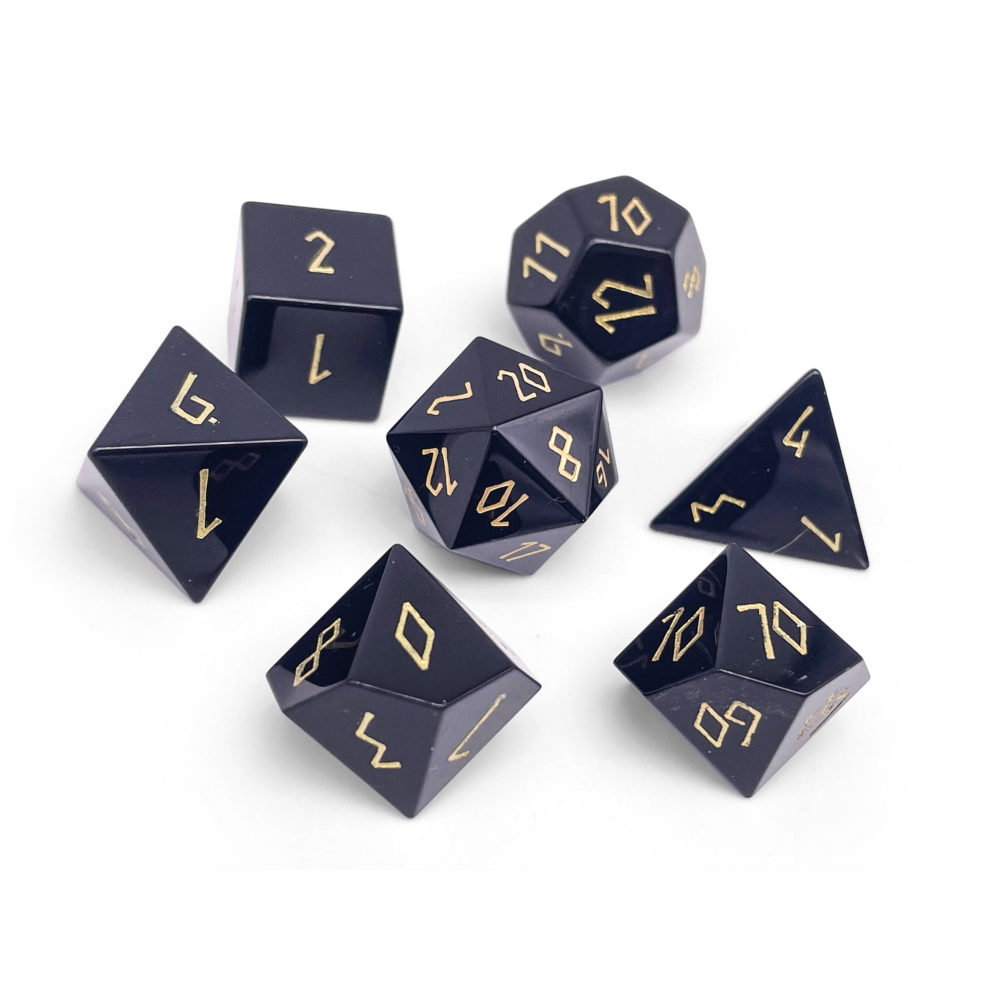 Black Obsidian - Gold Font - 7 Piece RPG Set Gemstone Dice-Gemstone Dice-Norse Foundry-Gemstone Dice-Dungeons & Dragons Dice-Gem Dice-DnD Dice-Gaming Dice-Perfect for Tabletop RPGs-Dice Set