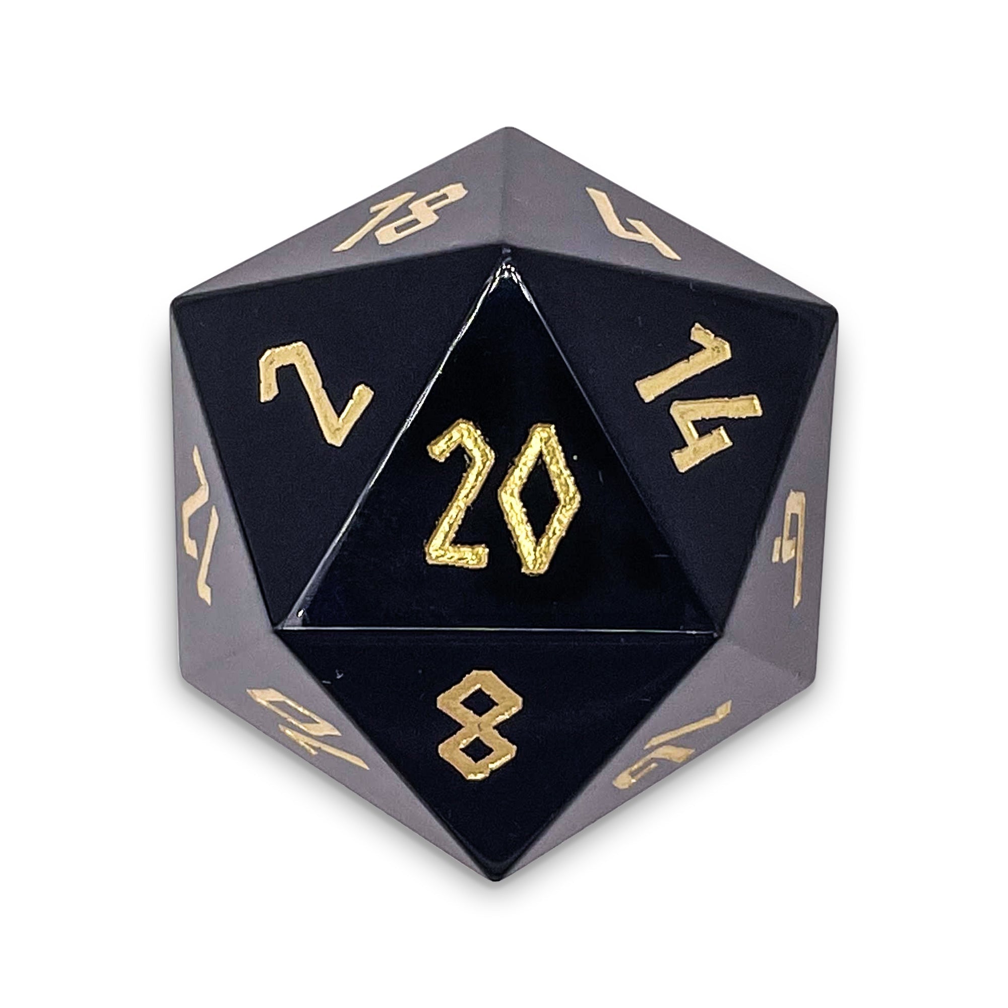 Black Obsidian - Gold Font Boulder® 30mm Gemstone Dice-Boulder-Norse Foundry-Norse Foundry-dungeons & dragons-d&d dice-rpg dice-d20-gemstone dice-d&d-30mm-boulder-perfect for tabletop rpgs