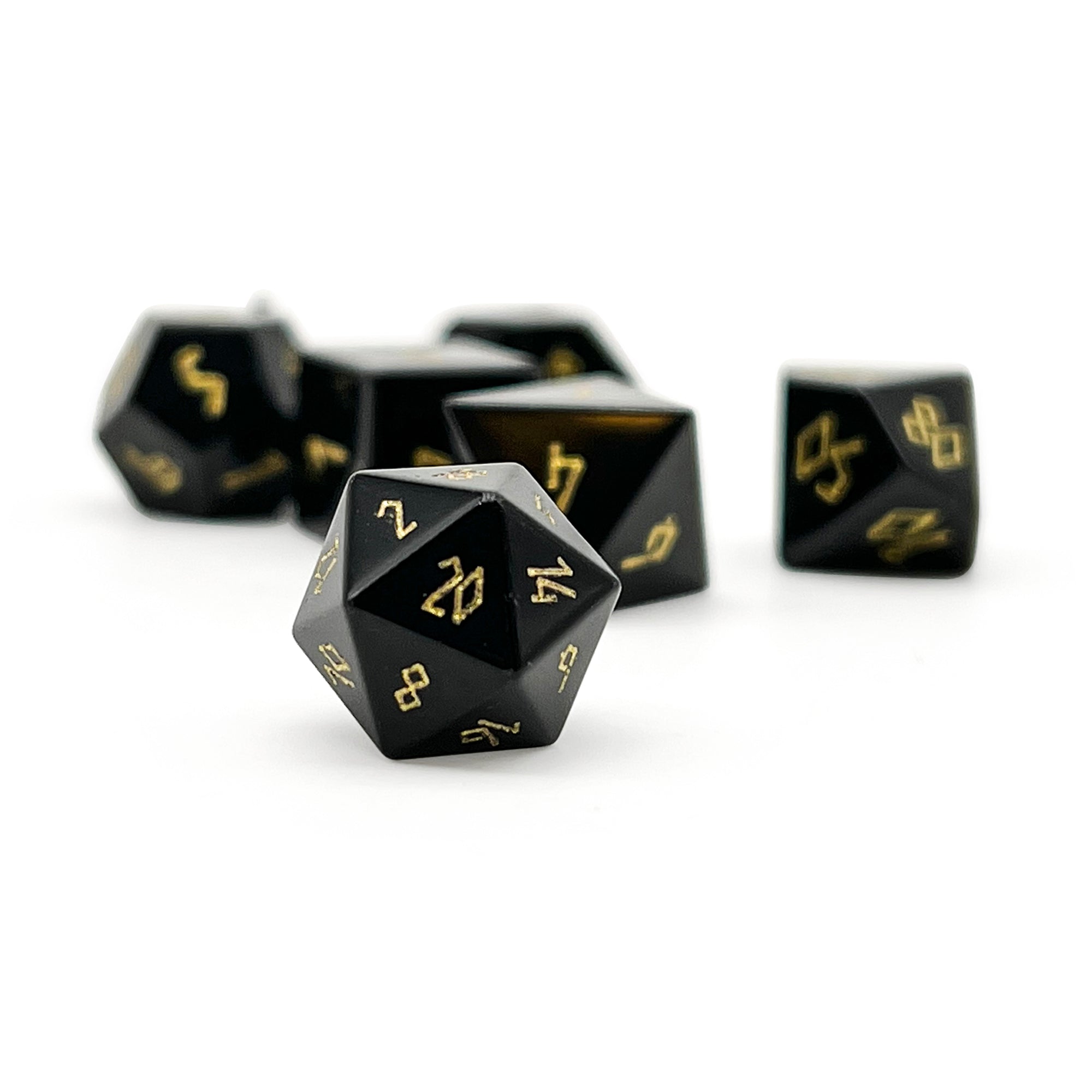Black Obsidian - Gold Font Pebble RPG Set Gemstone Dice-Pebbles-Norse Foundry-Norse Foundry-dungeons & dragons-d&d dice set-rpg dice set-gemstone dice set-d&d-mini dice set-10mm to 12mm-perfect for tabletop rpgs