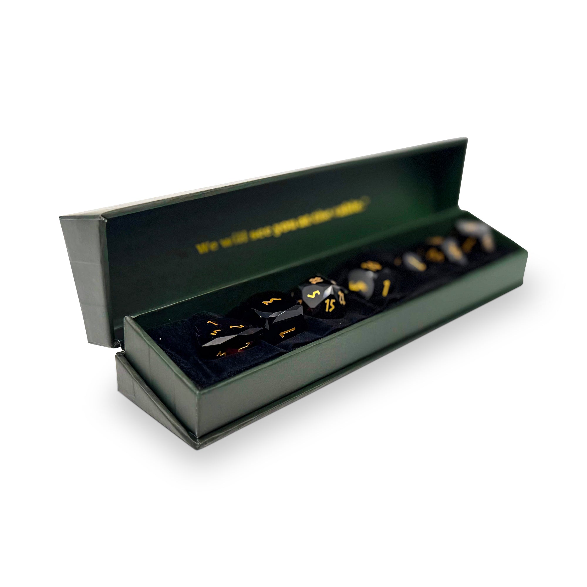 Black Obsidian w/ Gold Font - 7 Piece RPG Set Gemstone Wondrous Cut Dice-Gemstone Dice-Norse Foundry-Gemstone Dice-Dungeons & Dragons Dice-Gem Dice-DnD Dice-Gaming Dice-Perfect for Tabletop RPGs-Dice Set