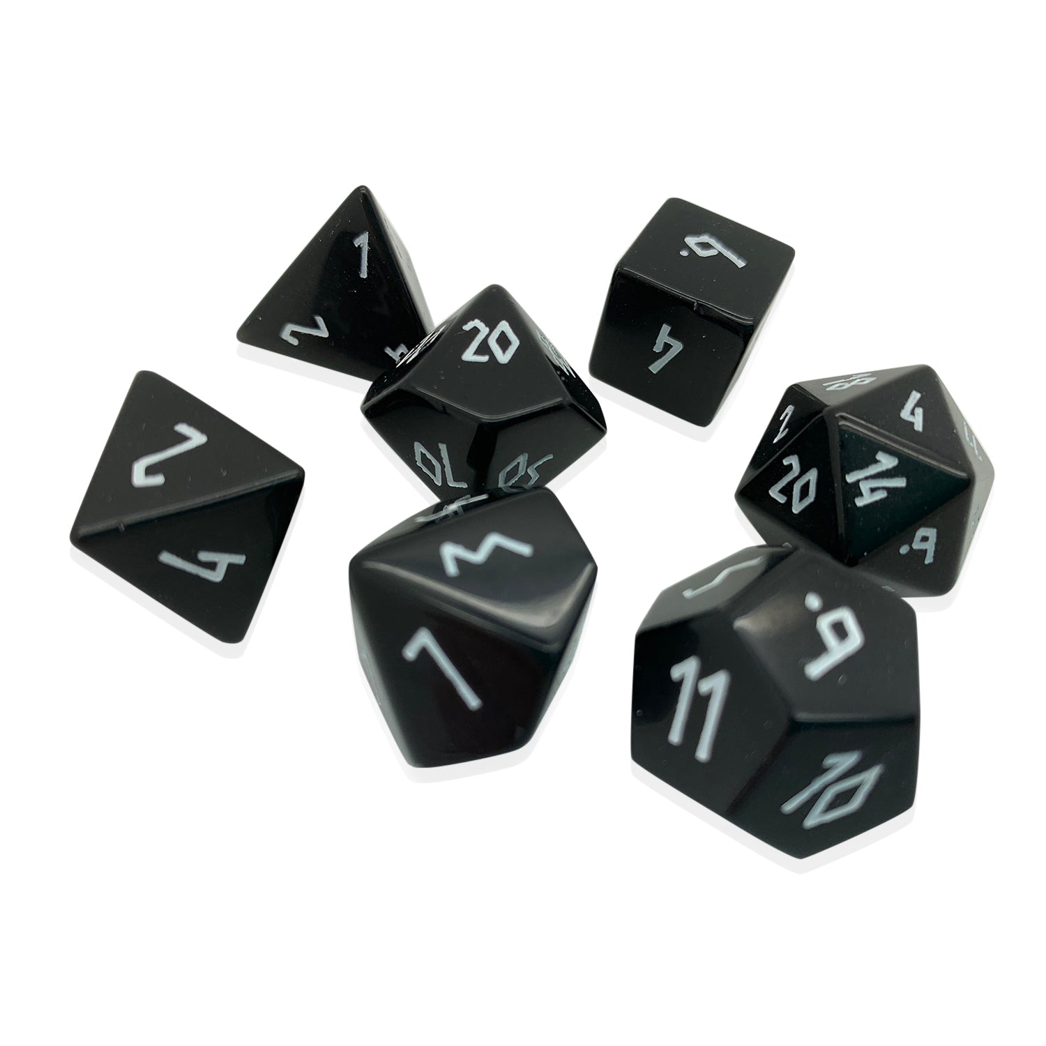 Black Obsidian - White Font - 7 Piece RPG Set Gemstone Dice