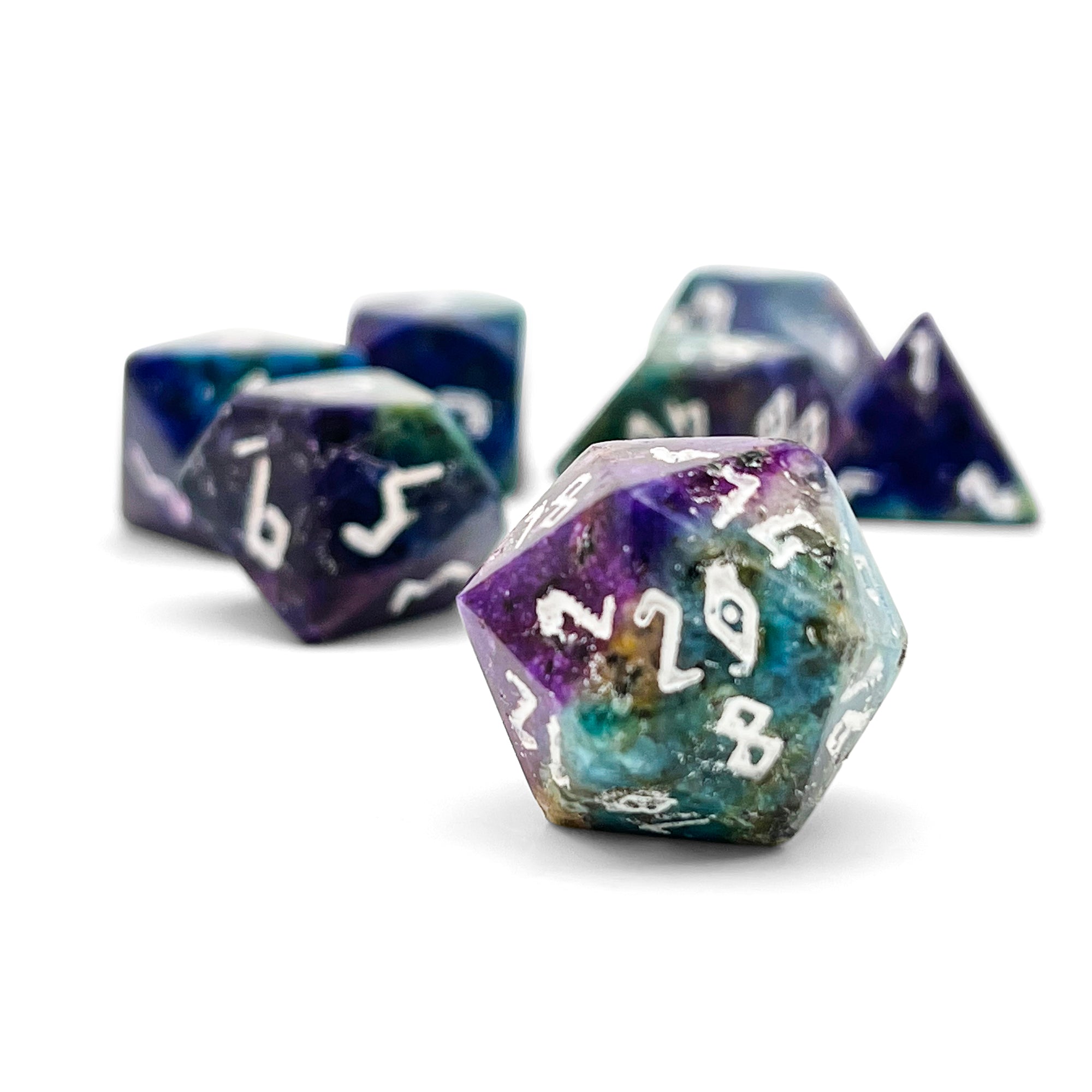 Blue/Purple Sesame Jasper - 7 Piece RPG Set Gemstone Dice-Gemstone Dice-Norse Foundry-Gemstone Dice-Dungeons and Dragons Dice-Gem Dice-D&D Dice-Gaming Dice-Perfect for Tabletop RPGs-Dice Set