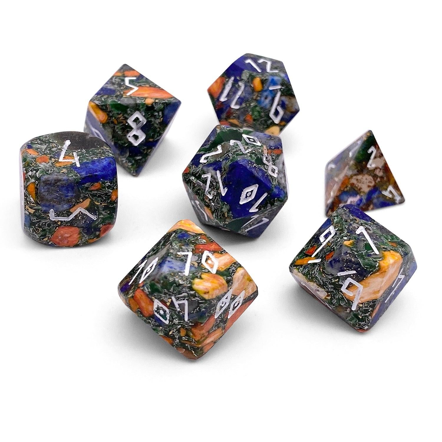 Bronzite Lapis with Orange Imperial Jasper - 7 Piece RPG Set TruStone Dice-TruStone Dice-Norse Foundry-Gemstone Dice-Dungeons and Dragons Dice-Gem Dice-DND Dice-Gaming Dice-Perfect for Tabletop RPGs-Dice Set