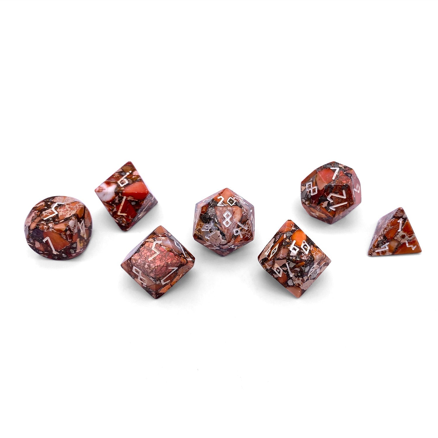 Bronzite Orange Imperial Jasper - 7 Piece RPG Set TruStone Dice-TruStone Dice-Norse Foundry-Gemstone Dice-Dungeons and Dragons Dice-Gem Dice-D&D Dice-Gaming Dice-Perfect for Tabletop RPGs-Dice Set