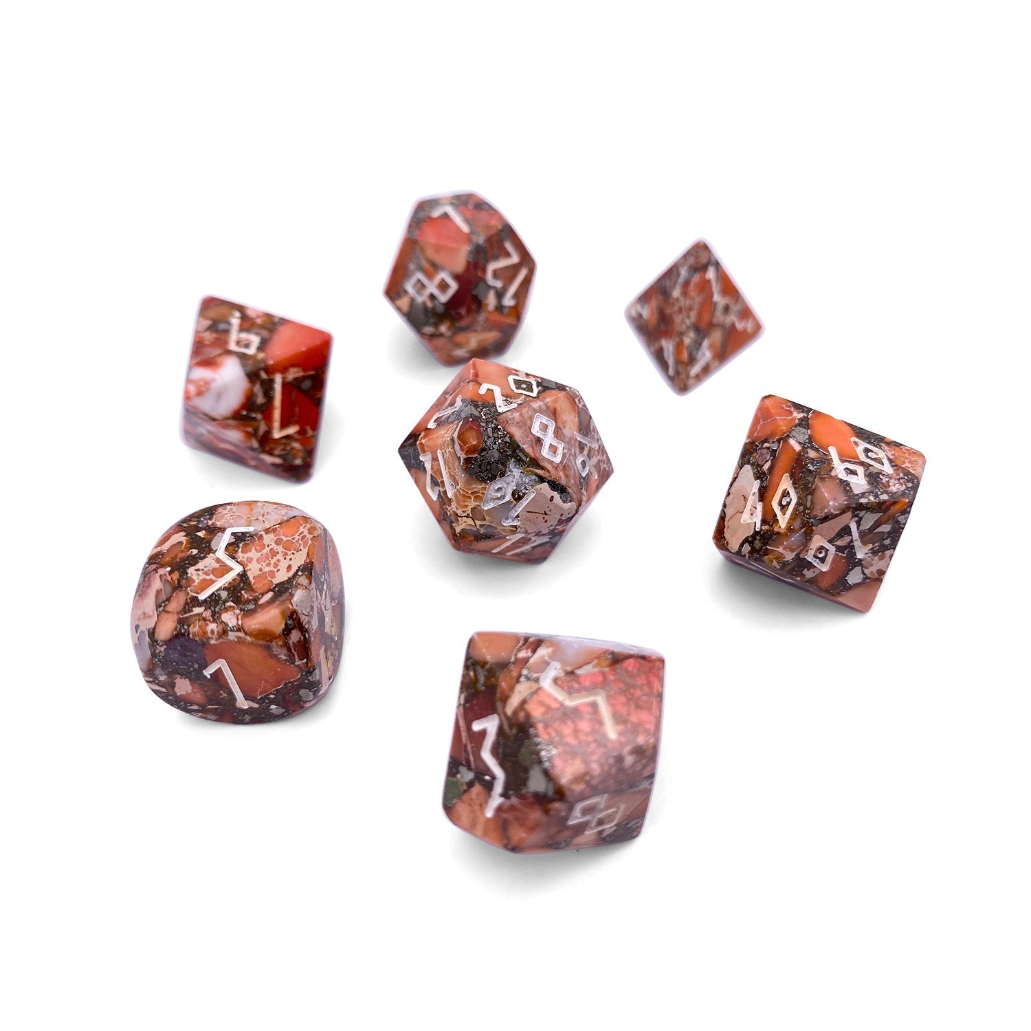 Bronzite Orange Imperial Jasper - 7 Piece RPG Set TruStone Dice-TruStone Dice-Norse Foundry-Gemstone Dice-Dungeons and Dragons Dice-Gem Dice-D&D Dice-Gaming Dice-Perfect for Tabletop RPGs-Dice Set