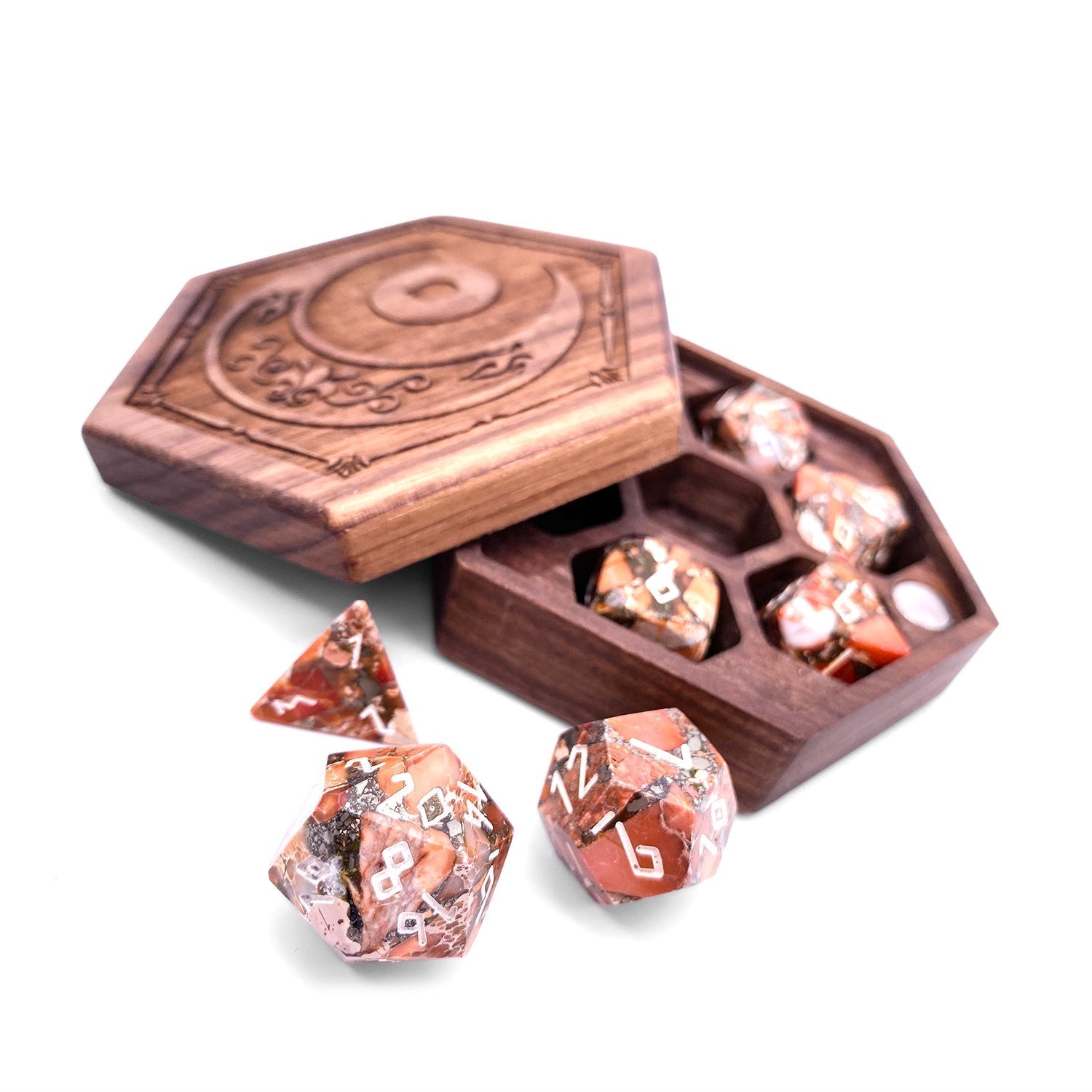 Bronzite Orange Imperial Jasper - 7 Piece RPG Set TruStone Dice-TruStone Dice-Norse Foundry-Gemstone Dice-Dungeons & Dragons Dice-Gem Dice-DnD Dice-Gaming Dice-Perfect for Tabletop RPGs-Dice Set
