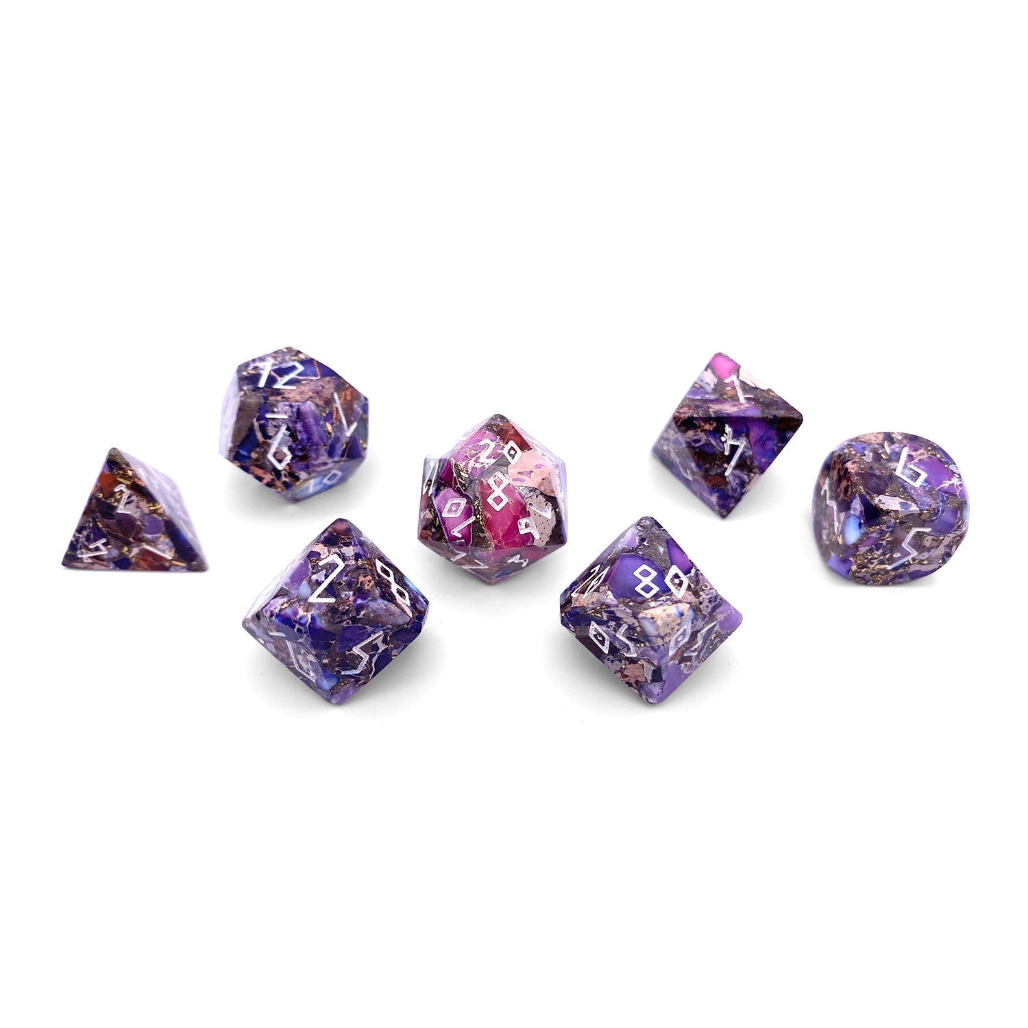 Bronzite Purple Imperial Jasper - 7 Piece RPG Set TruStone Dice-TruStone Dice-Norse Foundry-Gemstone Dice-Dungeons and Dragons Dice-Gem Dice-DND Dice-Gaming Dice-Perfect for Tabletop RPGs-Dice Set