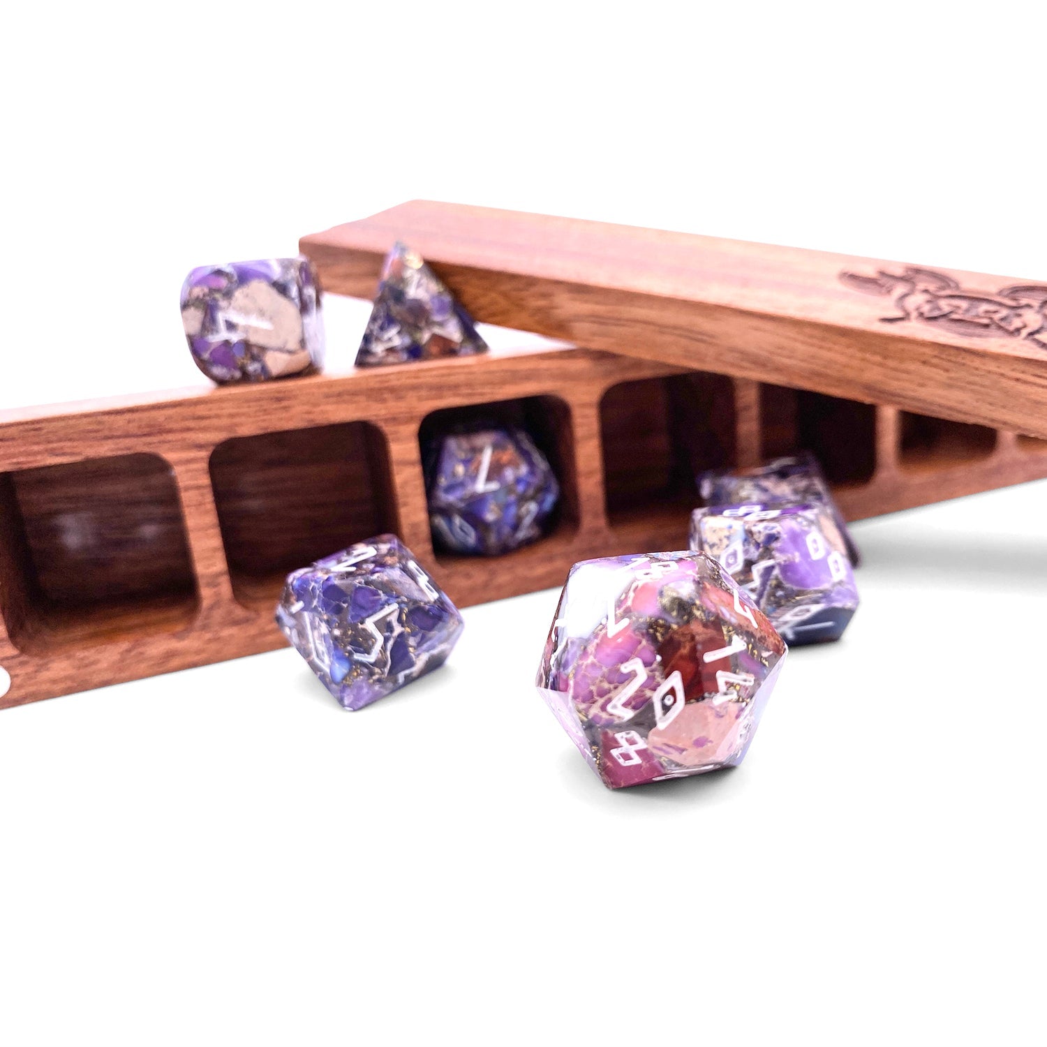 Bronzite Purple Imperial Jasper - 7 Piece RPG Set TruStone Dice-TruStone Dice-Norse Foundry-Gemstone Dice-Dungeons and Dragons Dice-Gem Dice-DND Dice-Gaming Dice-Perfect for Tabletop RPGs-Dice Set