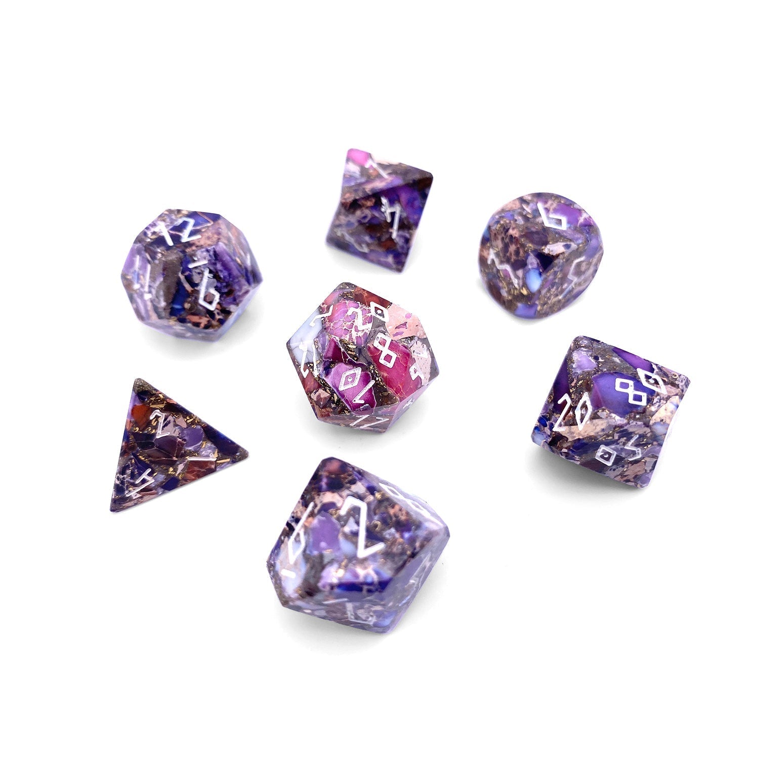 Bronzite Purple Imperial Jasper - 7 Piece RPG Set TruStone Dice-TruStone Dice-Norse Foundry-Gemstone Dice-Dungeons and Dragons Dice-Gem Dice-DND Dice-Gaming Dice-Perfect for Tabletop RPGs-Dice Set