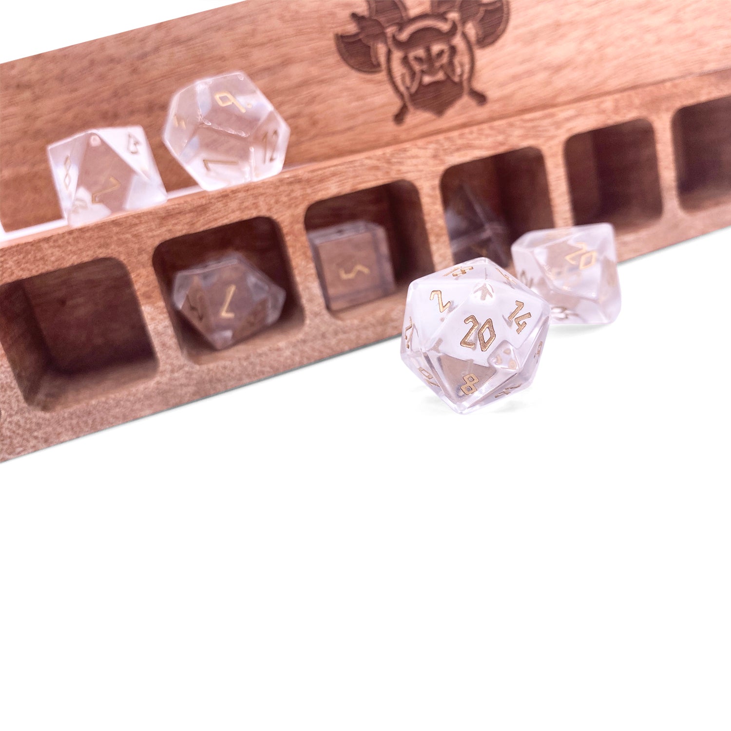 Clear Crystal - Gold Font 7 Piece RPG Set Glass Dice