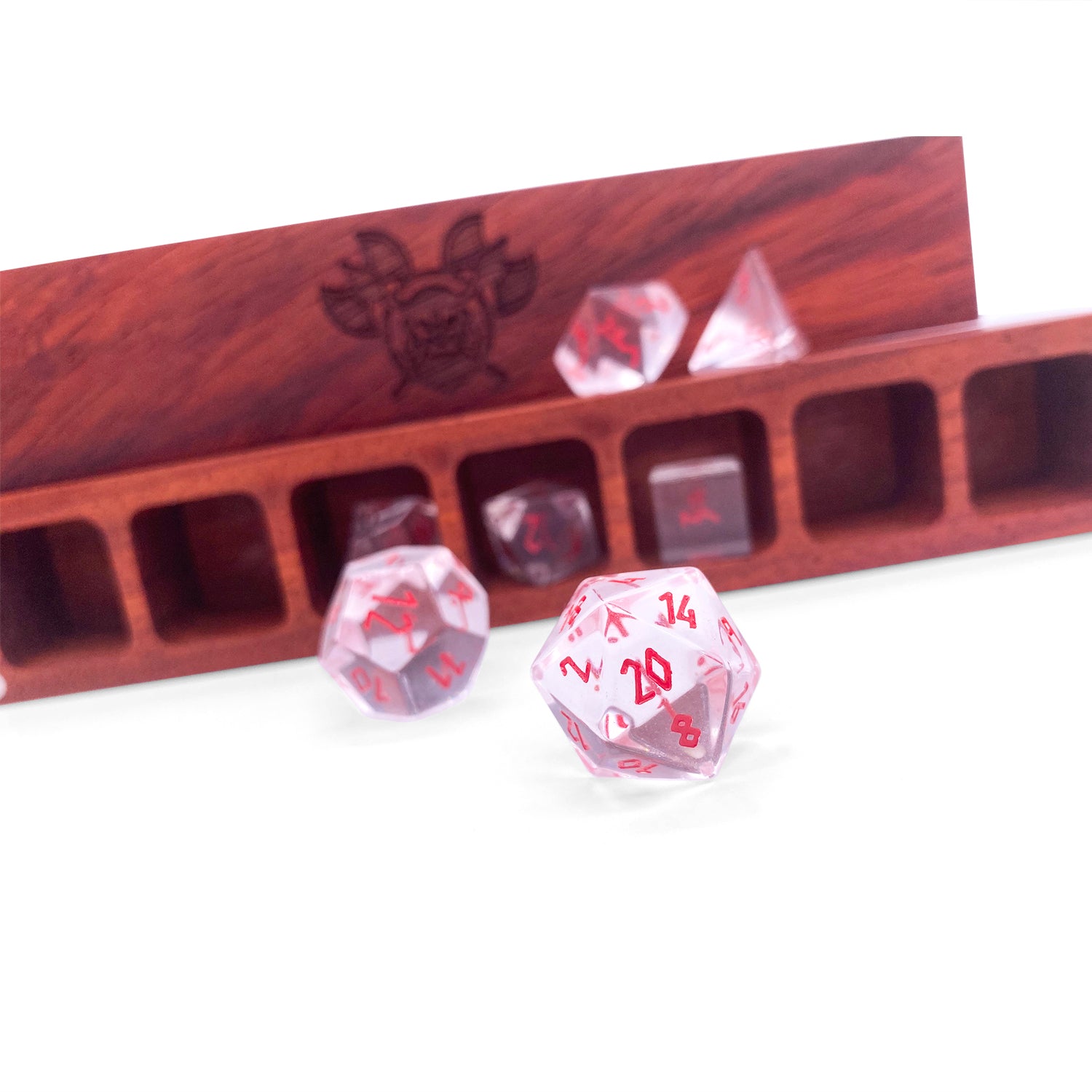 Clear Crystal - Red Font 7 Piece RPG Set Glass Dice