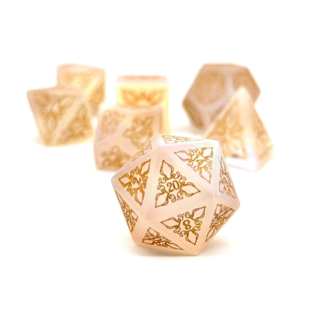 Feyweave - Frosted K9 with Gold Font-Norse Foundry-Norse Foundry-glass dice-dungeons & dragons-d&d dice set-rpg dice set-glass dice set-d&d-perfect for tabletop rpgs