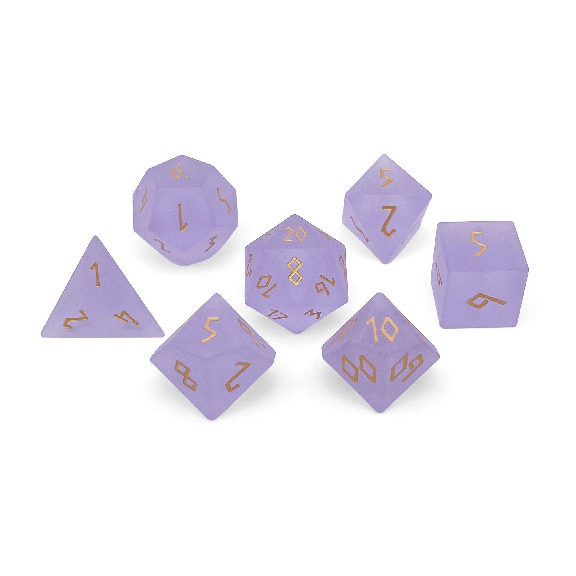 Frosted Amethyst - Gold Font 7 Piece RPG Set Zircon Glass Dice-Glass Dice-Norse Foundry-Norse Foundry-zircon glass dice-dungeons & dragons-d&d dice set-rpg dice set-glass dice set-d&d-perfect for tabletop rpgs