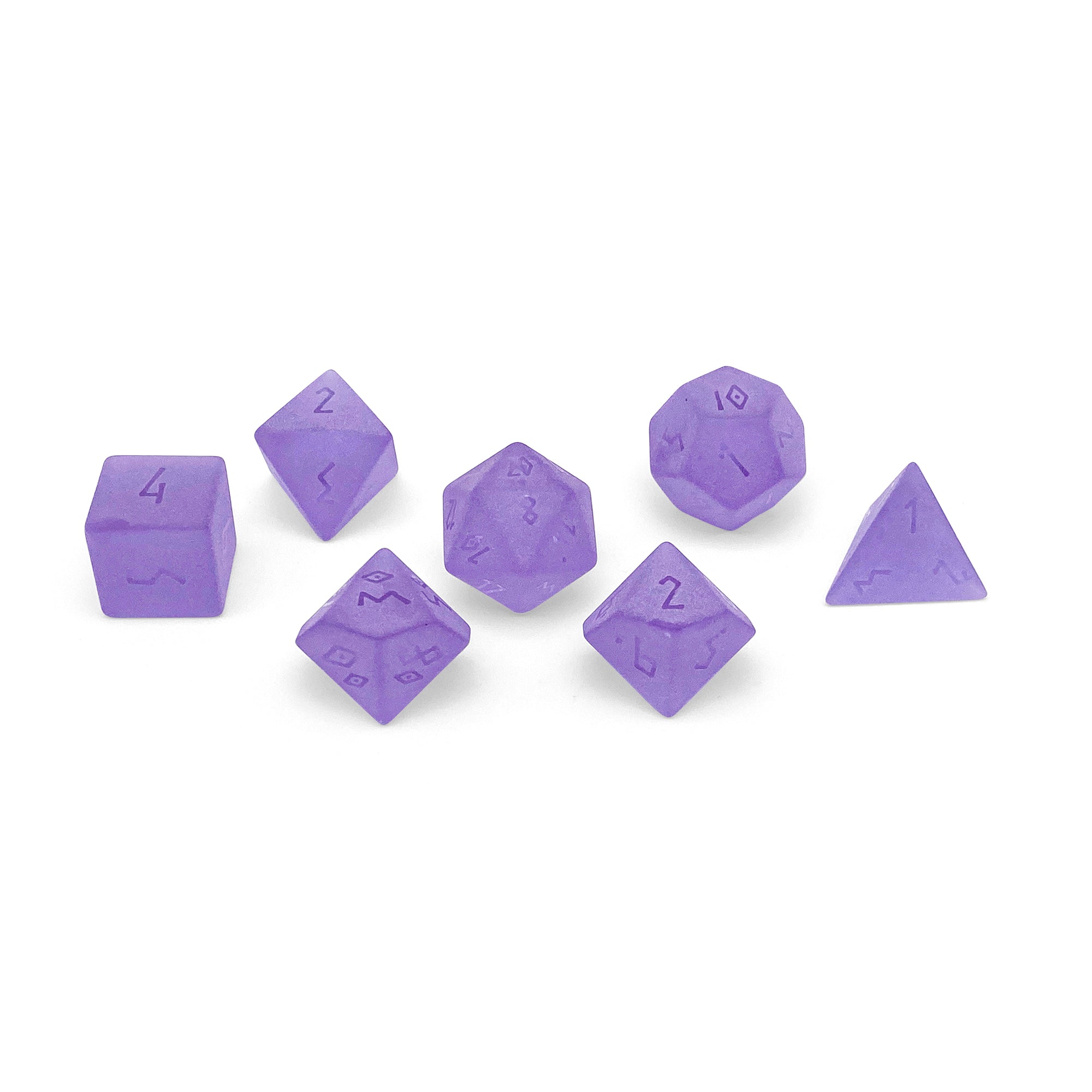 Frosted Amethyst - Raised 7 Piece RPG Set Zircon Glass Dice-Glass Dice-Norse Foundry-Norse Foundry-zircon glass dice-dungeons & dragons-d&d dice set-rpg dice set-glass dice set-d&d-perfect for tabletop rpgs
