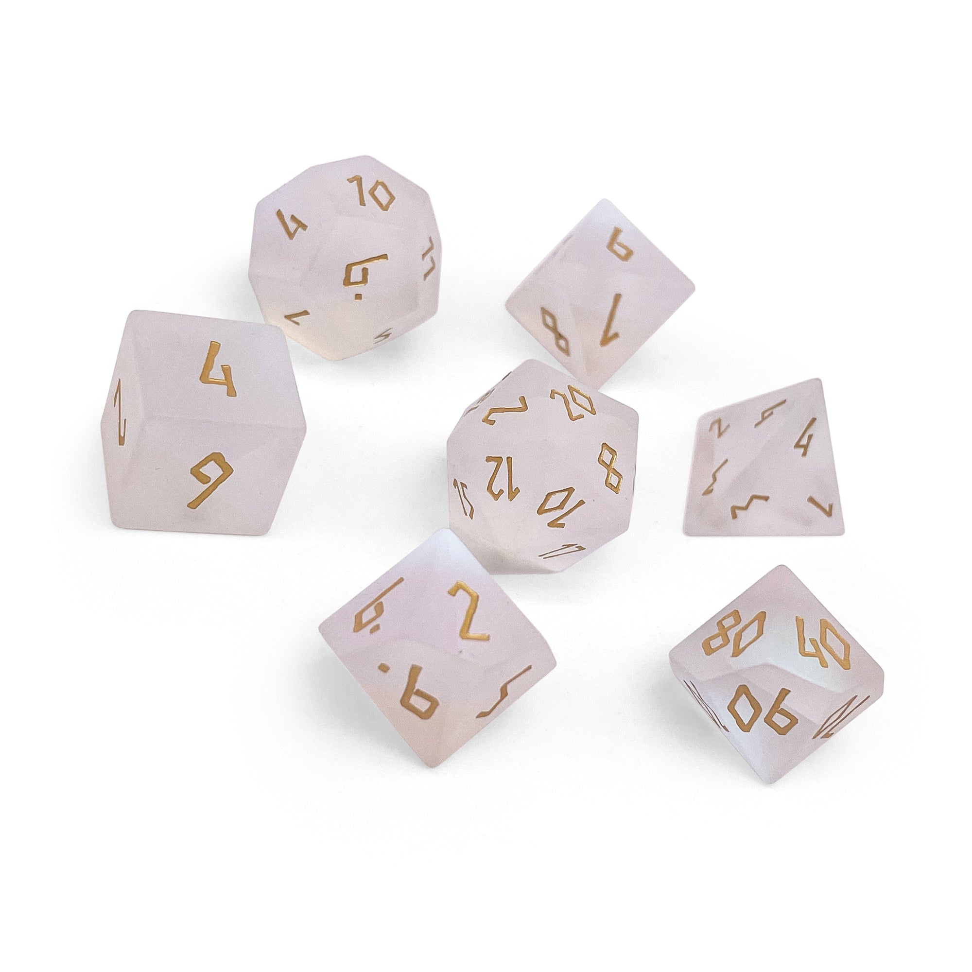 Frosted K9 Rainbow Glass - Gold Font 7 Piece RPG Set K9 Glass Dice-Glass Dice-Norse Foundry-Norse Foundry-k9 glass dice-dungeons & dragons-d&d dice set-rpg dice set-glass dice set-d&d-perfect for tabletop rpgs