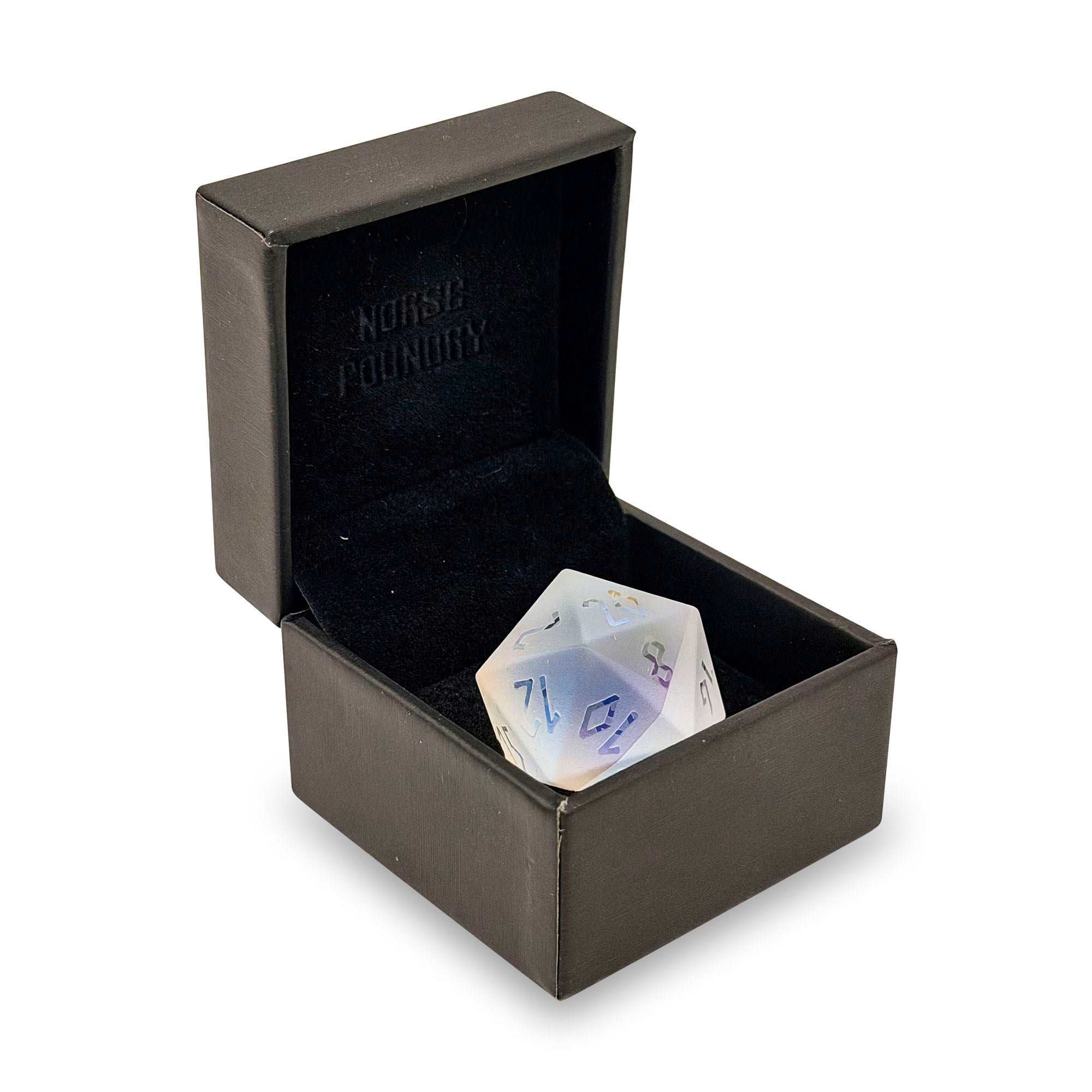 Frosted K9 Rainbow Glass - Raised Font Boulder® 30mm Glass Dice-Glass Dice-Norse Foundry-D&D Dice-Glass Dice-D20-Glass D20-Collectible D20 Dice-Giant D20 for D&D