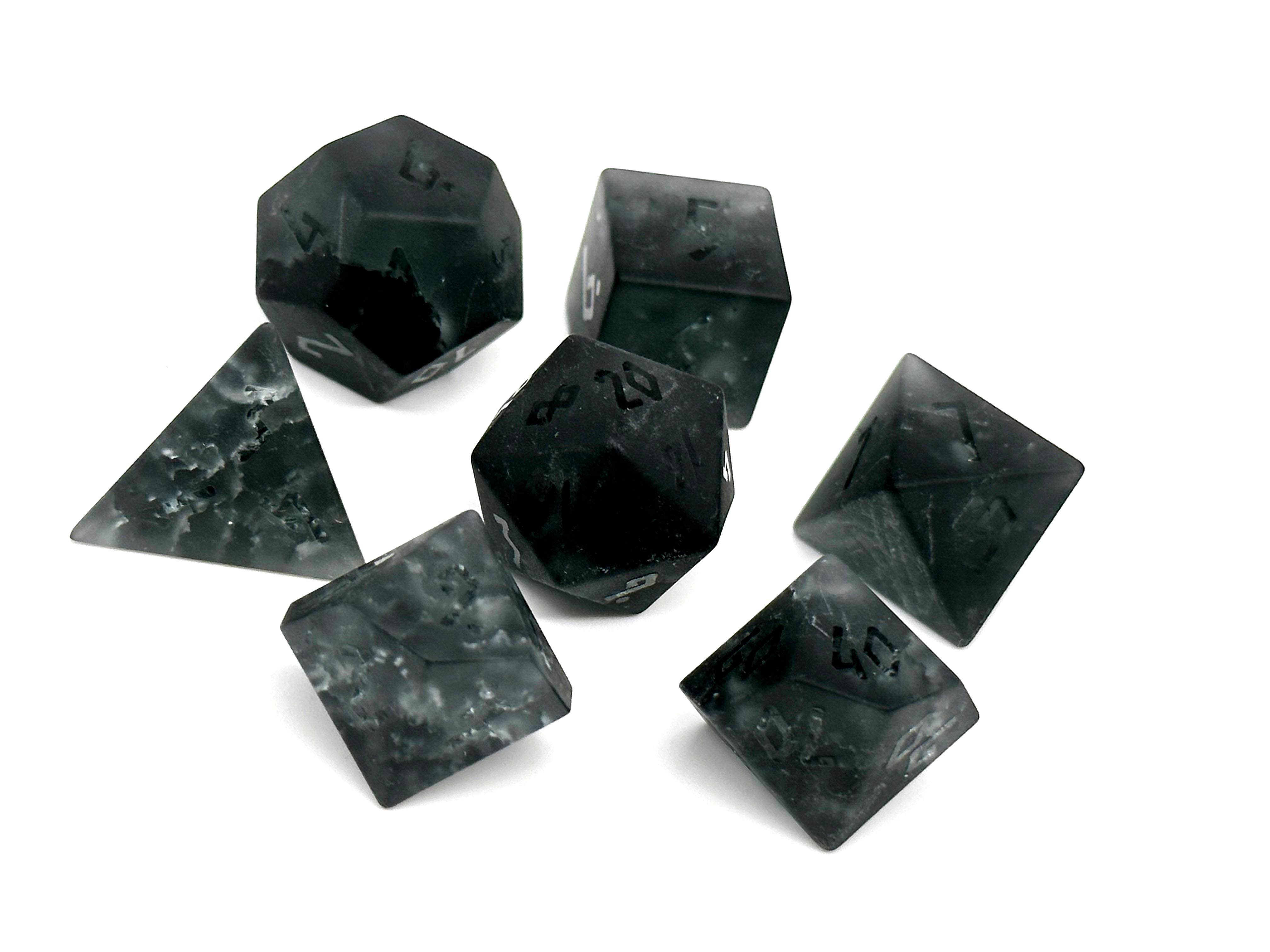 Frosted Shattered Zircon Smoke - Raised-Glass Dice-Norse Foundry-Norse Foundry-zircon glass dice-dungeons & dragons-d&d dice set-rpg dice set-glass dice set-d&d-perfect for tabletop rpgs