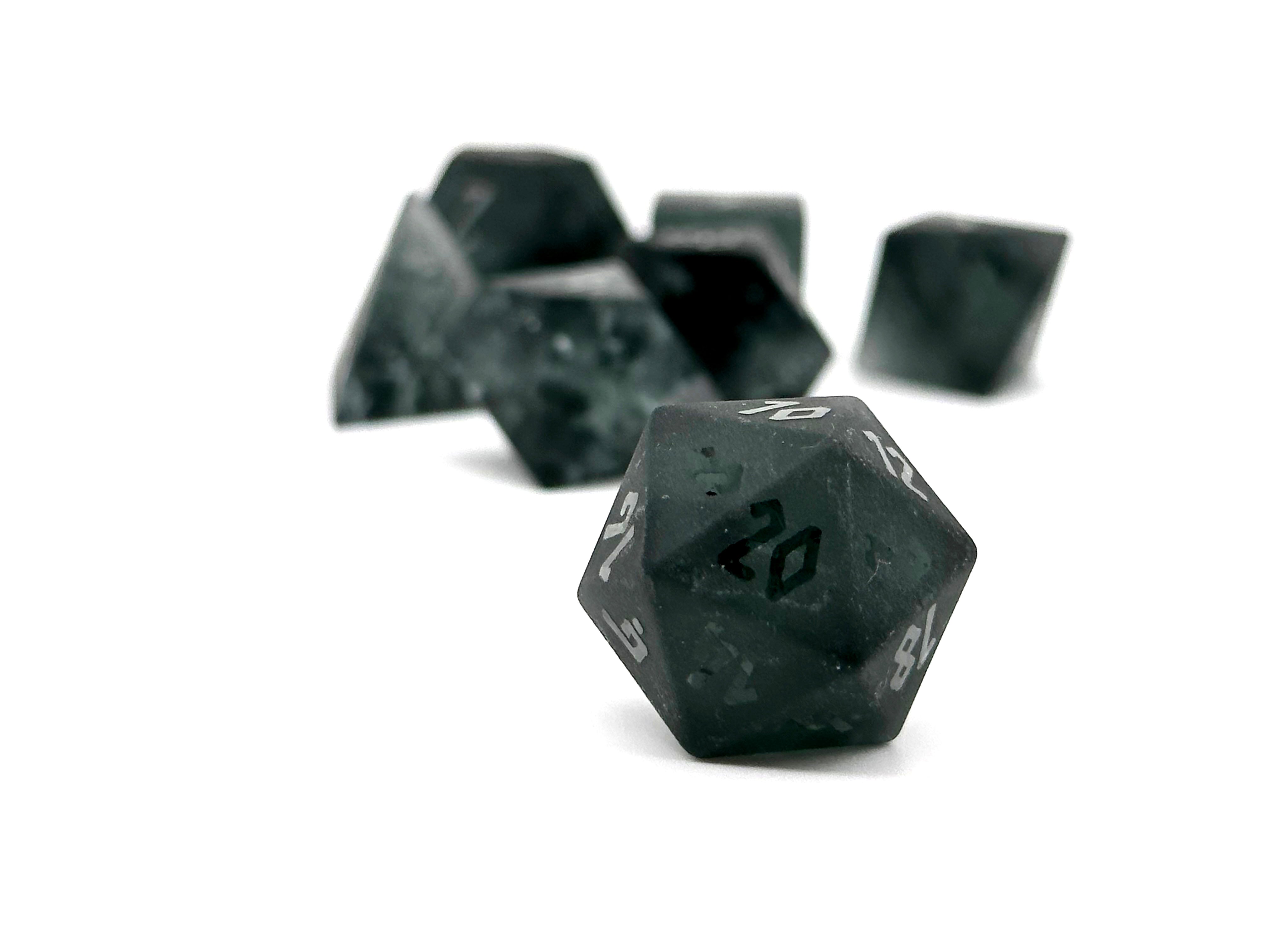 Frosted Shattered Zircon Smoke - Raised-Glass Dice-Norse Foundry-Norse Foundry-zircon glass dice-dungeons & dragons-d&d dice set-rpg dice set-glass dice set-d&d-perfect for tabletop rpgs