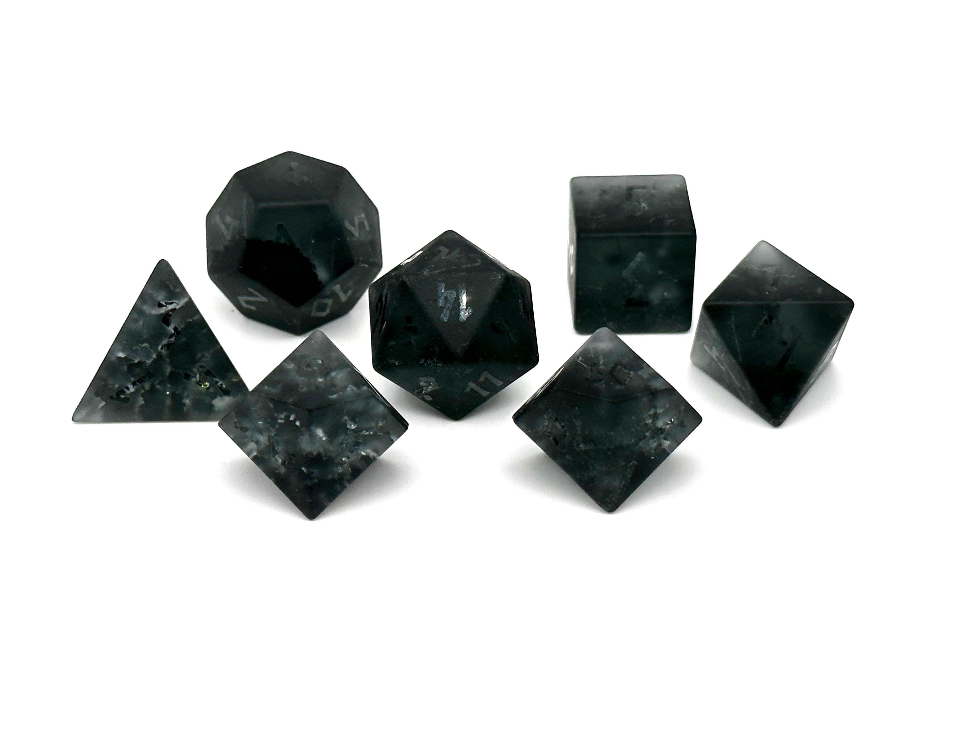 Frosted Shattered Zircon Smoke - Raised-Glass Dice-Norse Foundry-Norse Foundry-zircon glass dice-dungeons & dragons-d&d dice set-rpg dice set-glass dice set-d&d-perfect for tabletop rpgs
