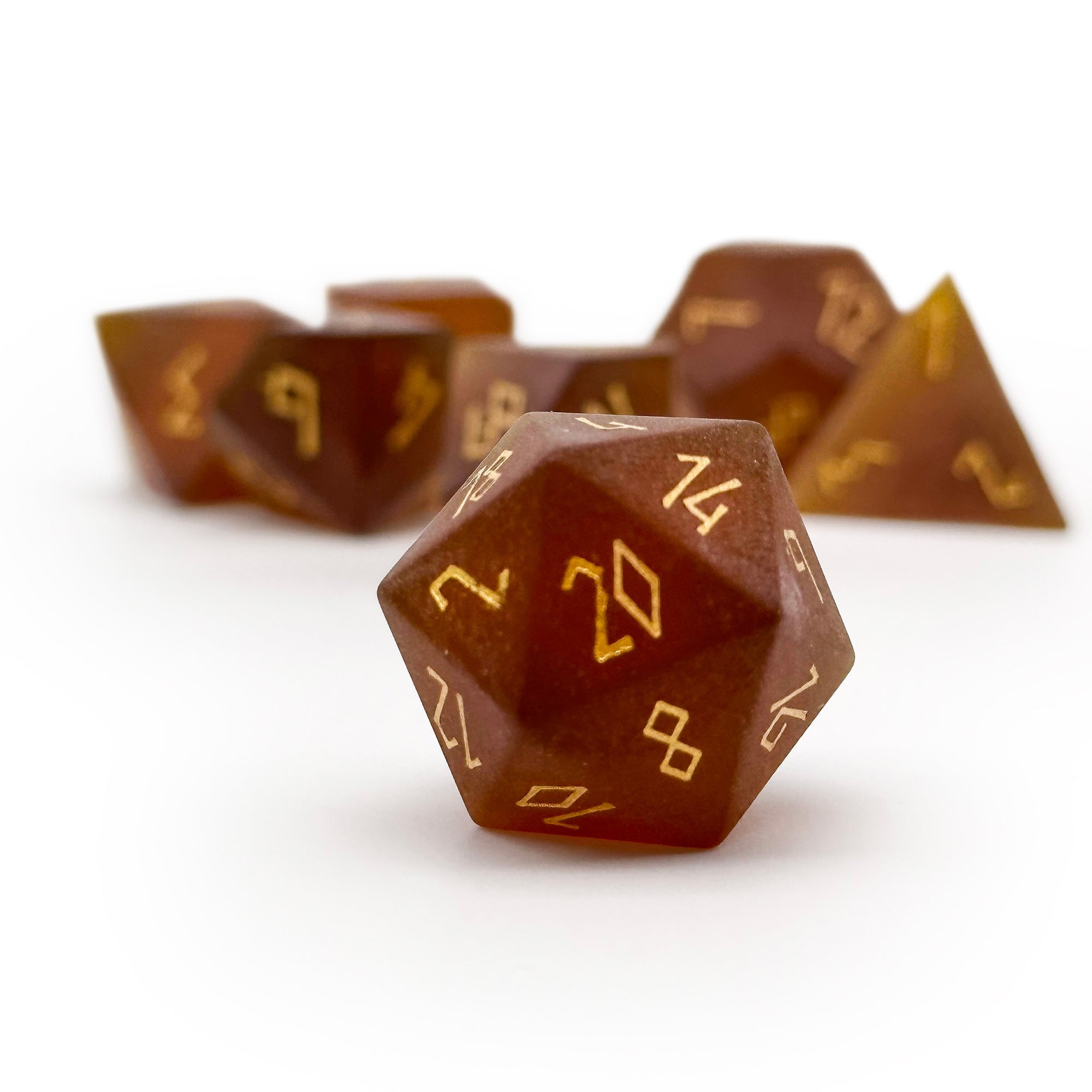 Frosted Zircon Amber Citrine - Gold Font 7 Piece RPG Set Zircon Glass Dice-Glass Dice-Norse Foundry-Norse Foundry-zircon glass dice-dungeons & dragons-d&d dice set-rpg dice set-glass dice set-d&d-perfect for tabletop rpgs