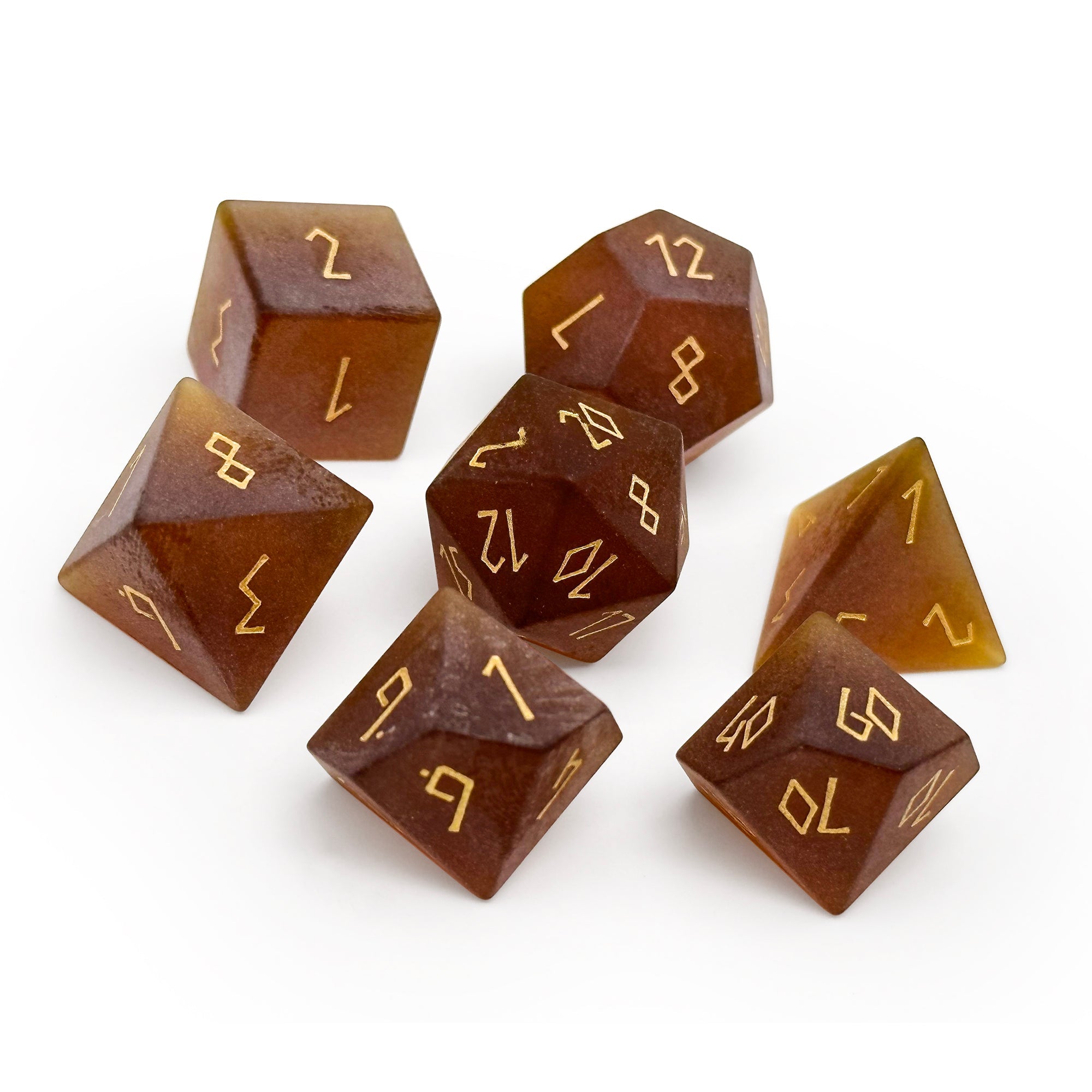 Frosted Zircon Amber Citrine - Gold Font 7 Piece RPG Set Zircon Glass Dice-Glass Dice-Norse Foundry-Norse Foundry-zircon glass dice-dungeons & dragons-d&d dice set-rpg dice set-glass dice set-d&d-perfect for tabletop rpgs