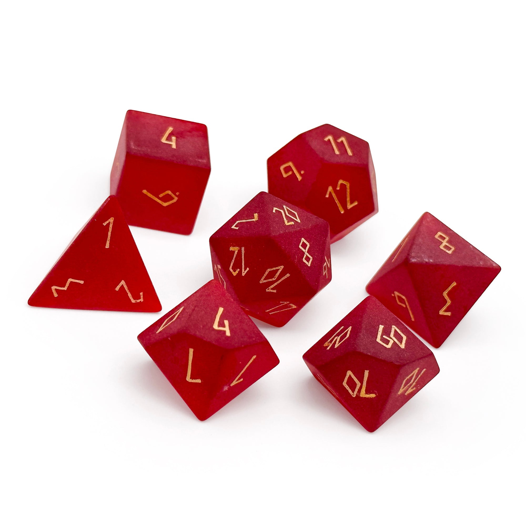 Frosted Zircon Garnet - Gold Font 7 Piece RPG Set Zircon Glass Dice-Glass Dice-Norse Foundry-Norse Foundry-zircon glass dice-dungeons & dragons-d&d dice set-rpg dice set-glass dice set-d&d-perfect for tabletop rpgs