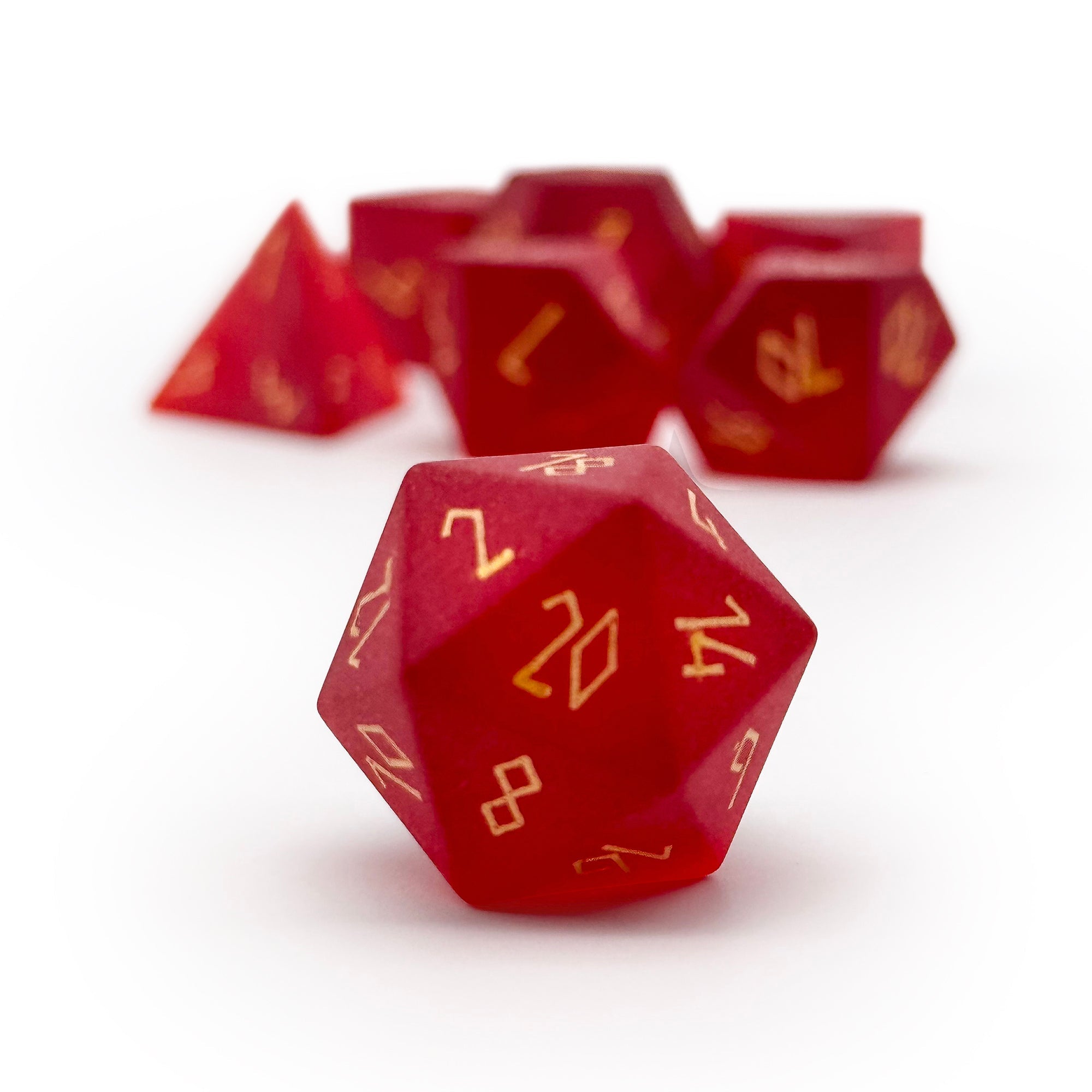 Frosted Zircon Garnet - Gold Font 7 Piece RPG Set Zircon Glass Dice-Glass Dice-Norse Foundry-Norse Foundry-zircon glass dice-dungeons & dragons-d&d dice set-rpg dice set-glass dice set-d&d-perfect for tabletop rpgs