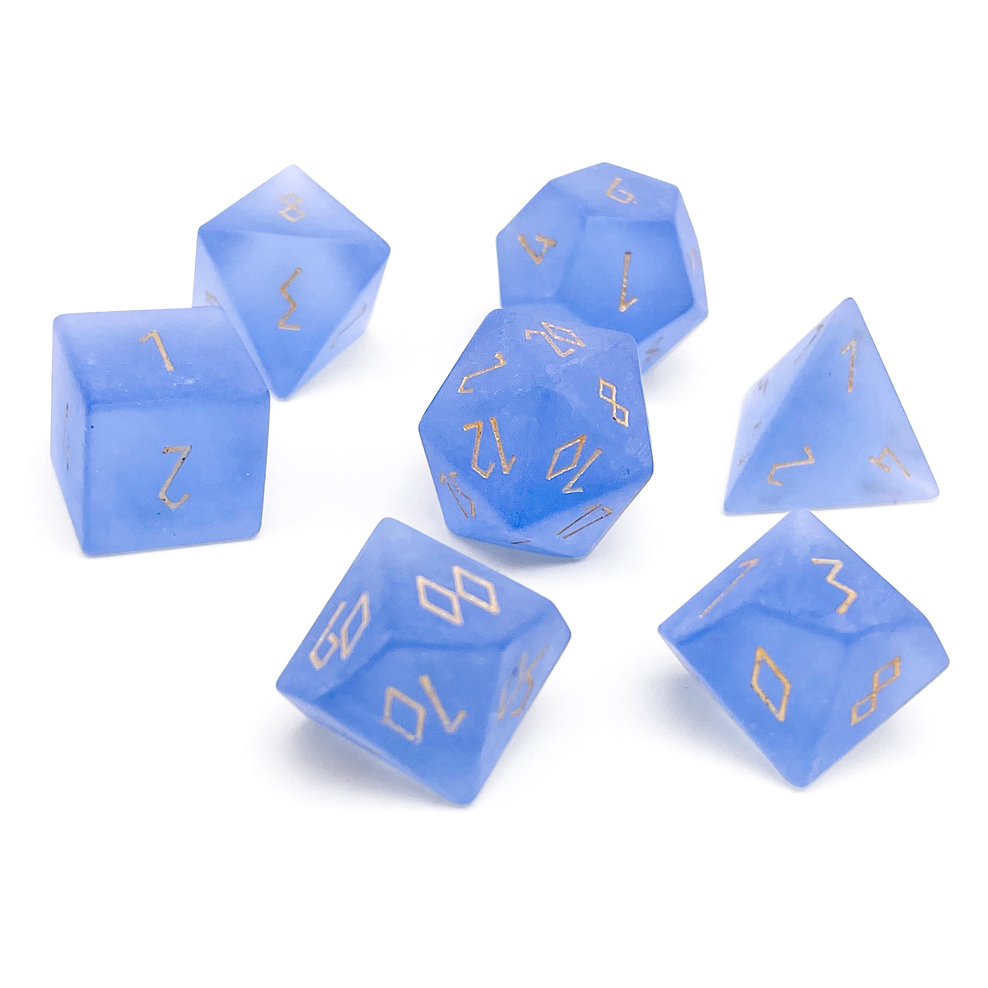 Frosted Zircon Sapphire - Gold Font 7 Piece RPG Set Zircon Glass Dice-Glass Dice-Norse Foundry-Norse Foundry-zircon glass dice-dungeons & dragons-d&d dice set-rpg dice set-glass dice set-d&d-perfect for tabletop rpgs