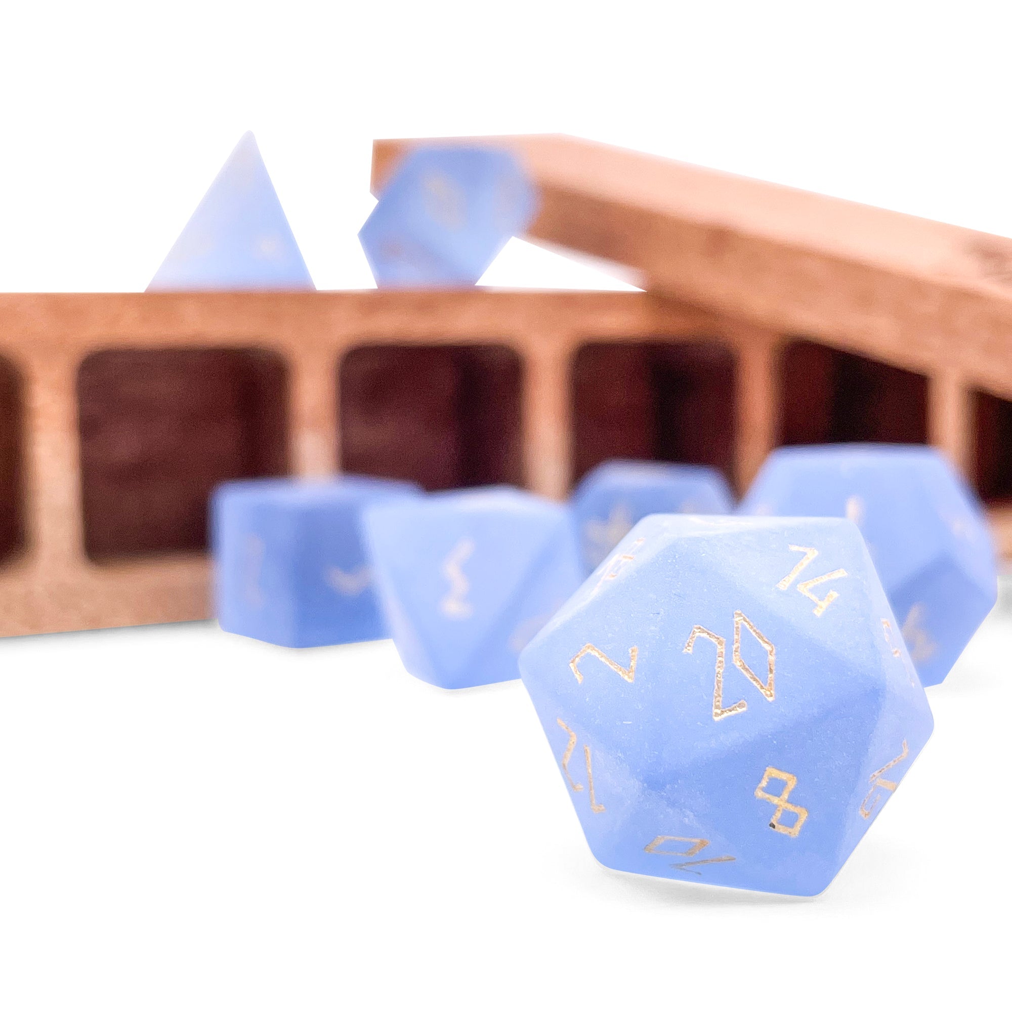 Frosted Zircon Sapphire - Gold Font 7 Piece RPG Set Zircon Glass Dice-Glass Dice-Norse Foundry-Norse Foundry-zircon glass dice-dungeons & dragons-d&d dice set-rpg dice set-glass dice set-d&d-perfect for tabletop rpgs