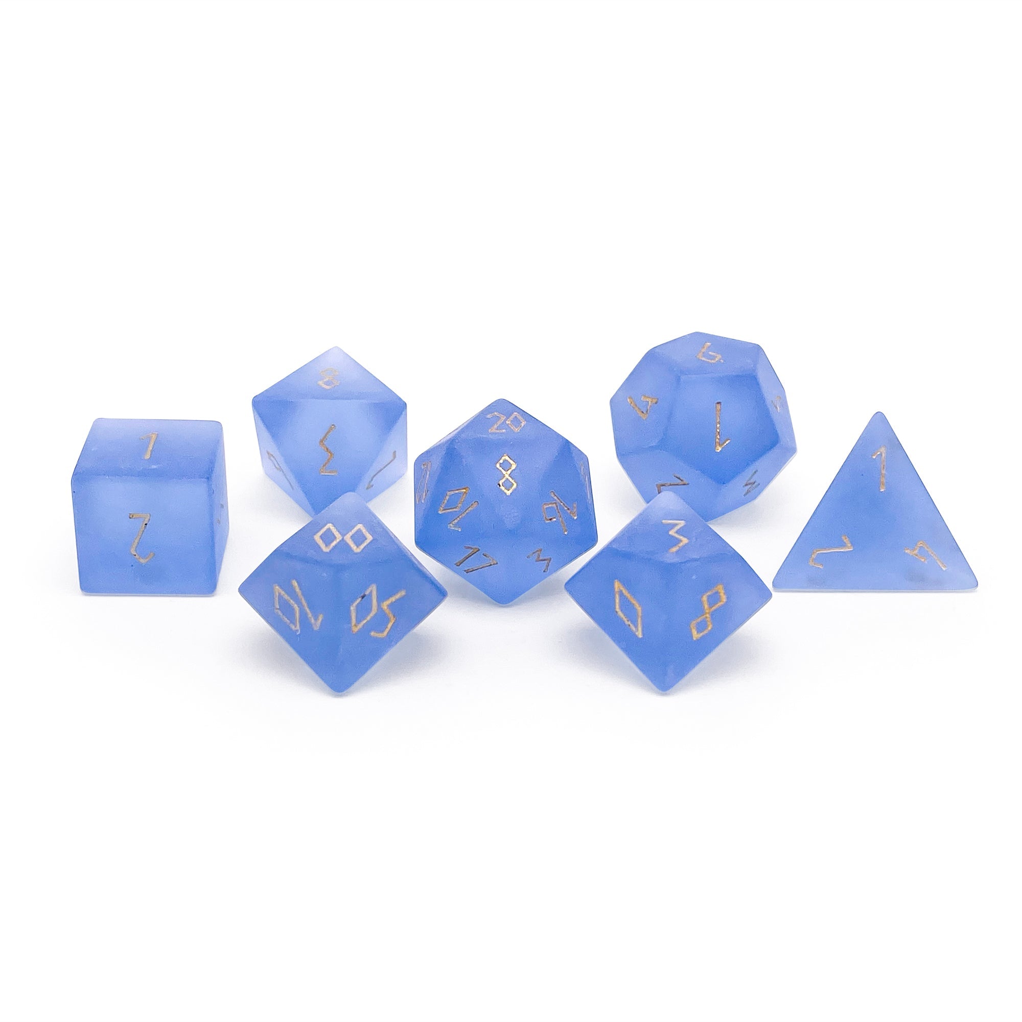 Frosted Zircon Sapphire - Gold Font 7 Piece RPG Set Zircon Glass Dice-Glass Dice-Norse Foundry-Norse Foundry-zircon glass dice-dungeons & dragons-d&d dice set-rpg dice set-glass dice set-d&d-perfect for tabletop rpgs