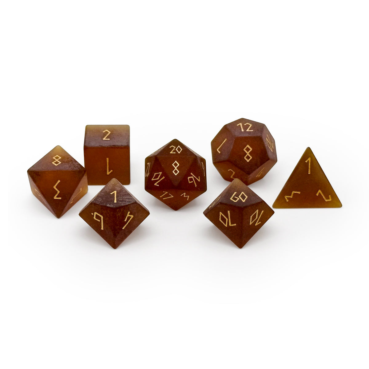 Frosted Zircon Amber Citrine - Gold Font 7 Piece RPG Set Zircon Glass Dice