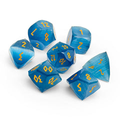 Ocean Blue Cat’s Eye w/ Gold Font - 7 Piece RPG Set Glass Wondrous Cut Dice