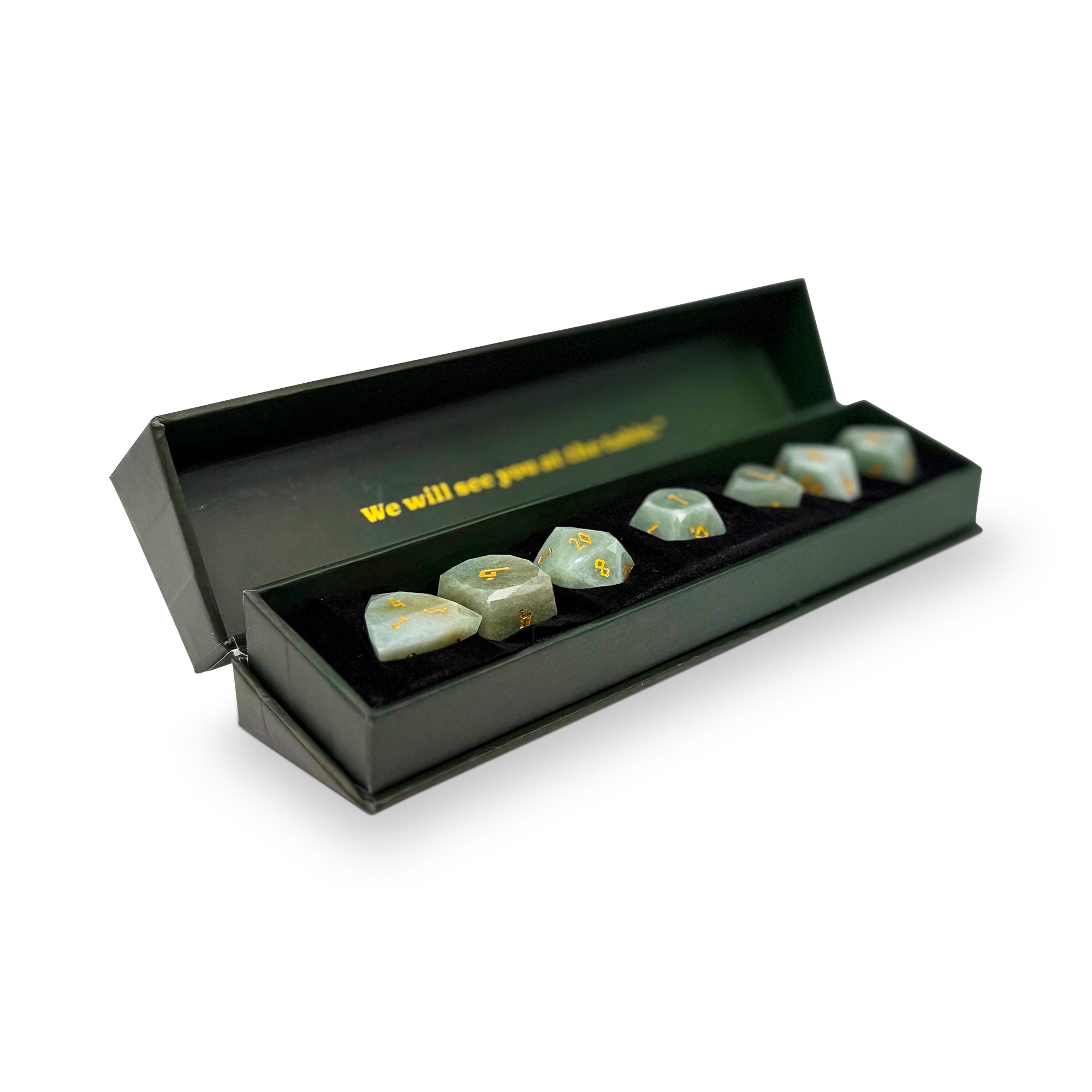 Green Aventurine w/ Gold - 7 Piece RPG Set Gemstone Wondrous Cut Dice-Gemstone Dice-Norse Foundry-Gemstone Dice-Dungeons & Dragons Dice-Gem Dice-D&D Dice-Gaming Dice-Perfect for Tabletop RPGs-Dice Set