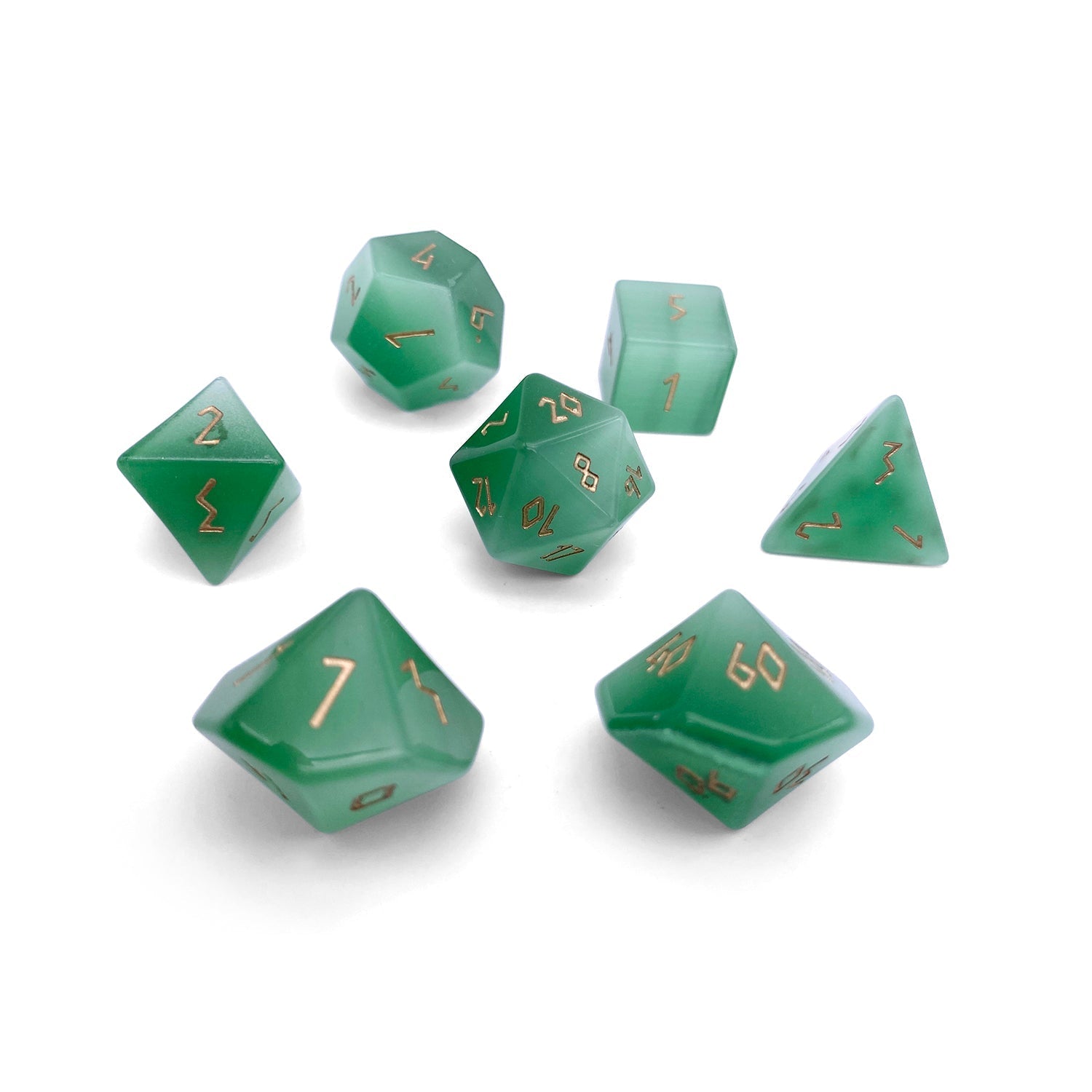 Green Cats Eye - 7 Piece RPG Set Glass Dice-Glass Dice-Norse Foundry-Norse Foundry-cat's eye glass dice-dungeons & dragons-d&d dice set-rpg dice set-glass dice set-d&d-perfect for tabletop rpgs