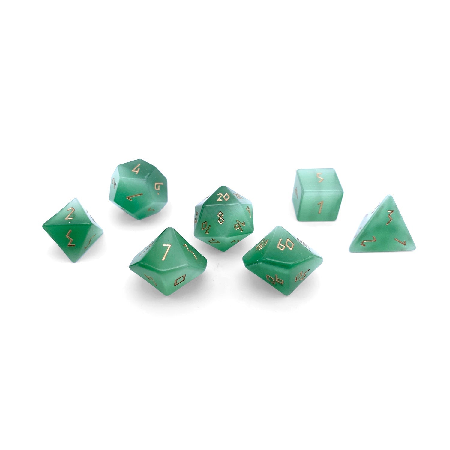 Green Cats Eye - 7 Piece RPG Set Glass Dice-Glass Dice-Norse Foundry-Norse Foundry-cat's eye glass dice-dungeons & dragons-d&d dice set-rpg dice set-glass dice set-d&d-perfect for tabletop rpgs