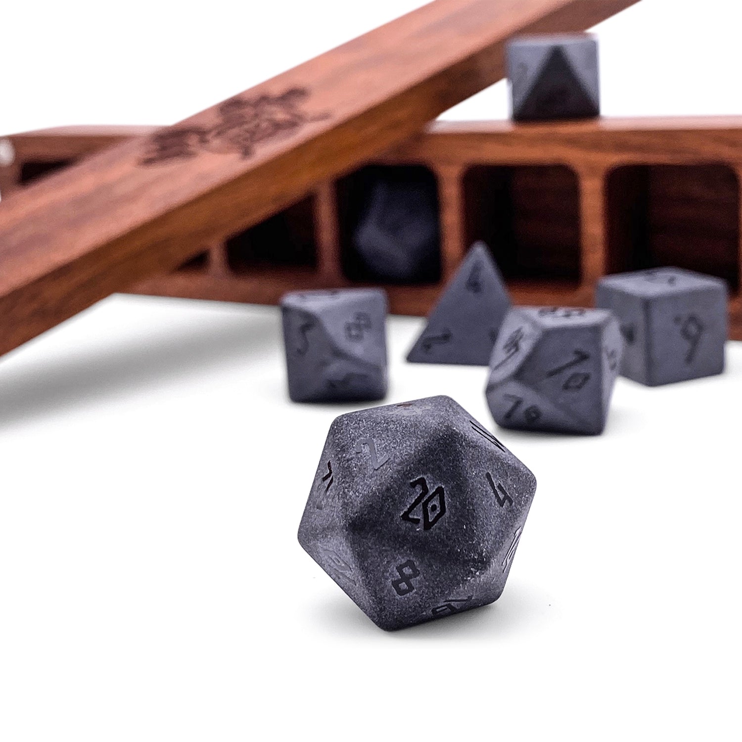 Hematite - Raised 7 Piece RPG Set Gemstone Dice-Gemstone Dice-Norse Foundry-Gemstone Dice-Dungeons and Dragons Dice-Gem Dice-DND Dice-Gaming Dice-Perfect for Tabletop RPGs-Dice Set