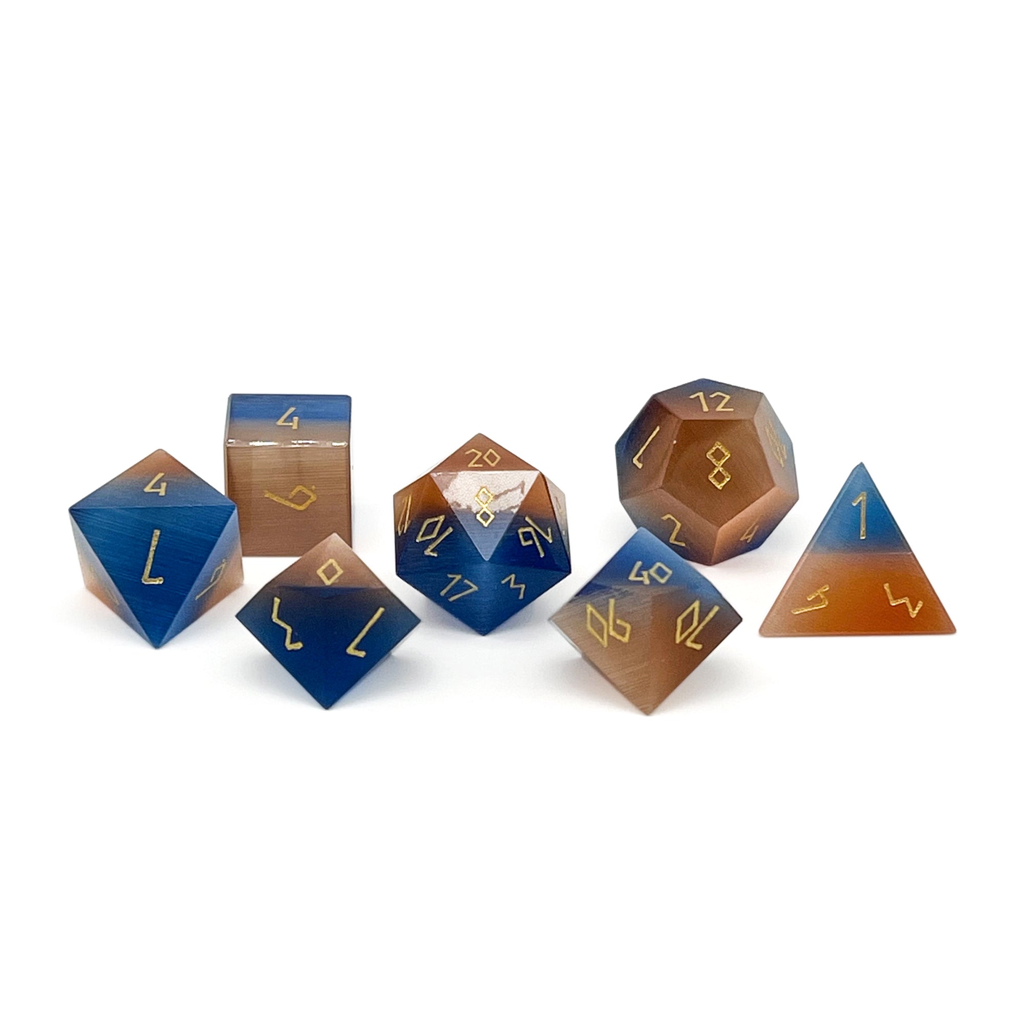 Split the Party - Blue and Orange Cats Eye 7 Piece RPG Set Glass Dice