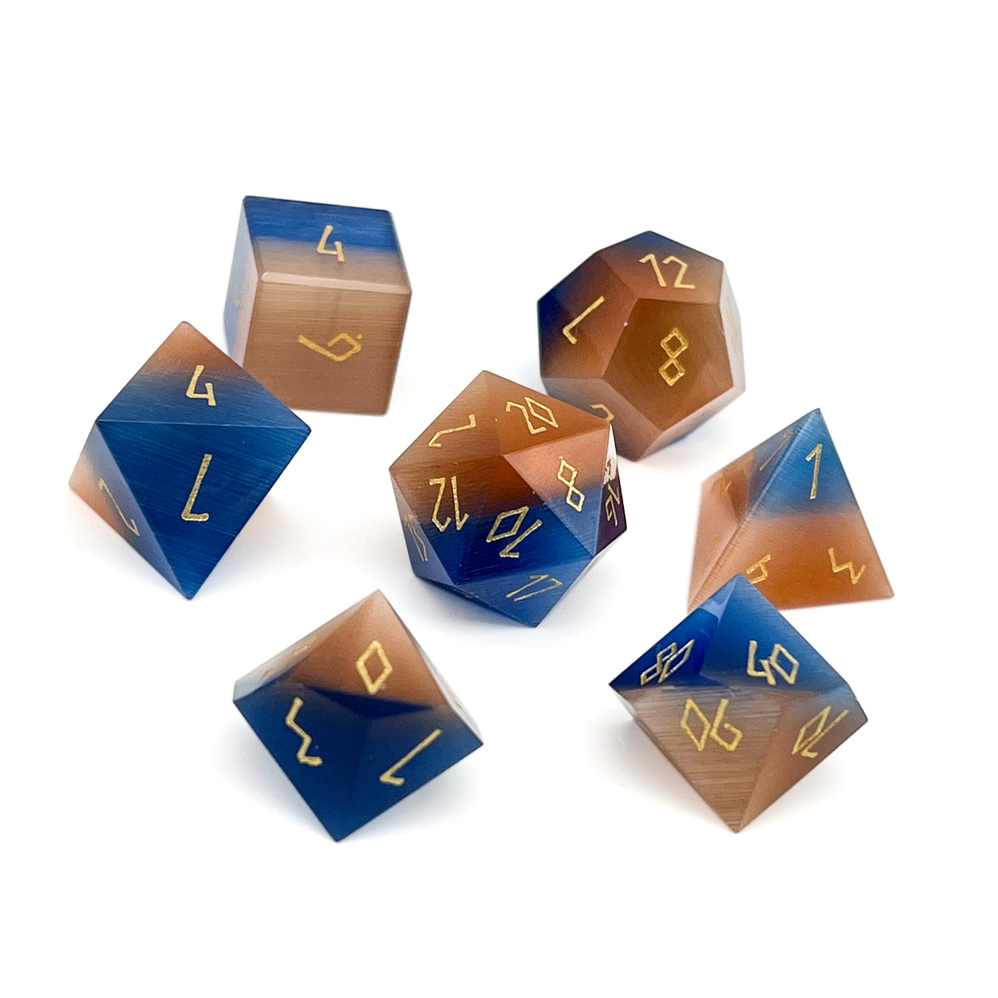 Split the Party - Blue and Orange Cats Eye 7 Piece RPG Set Glass Dice